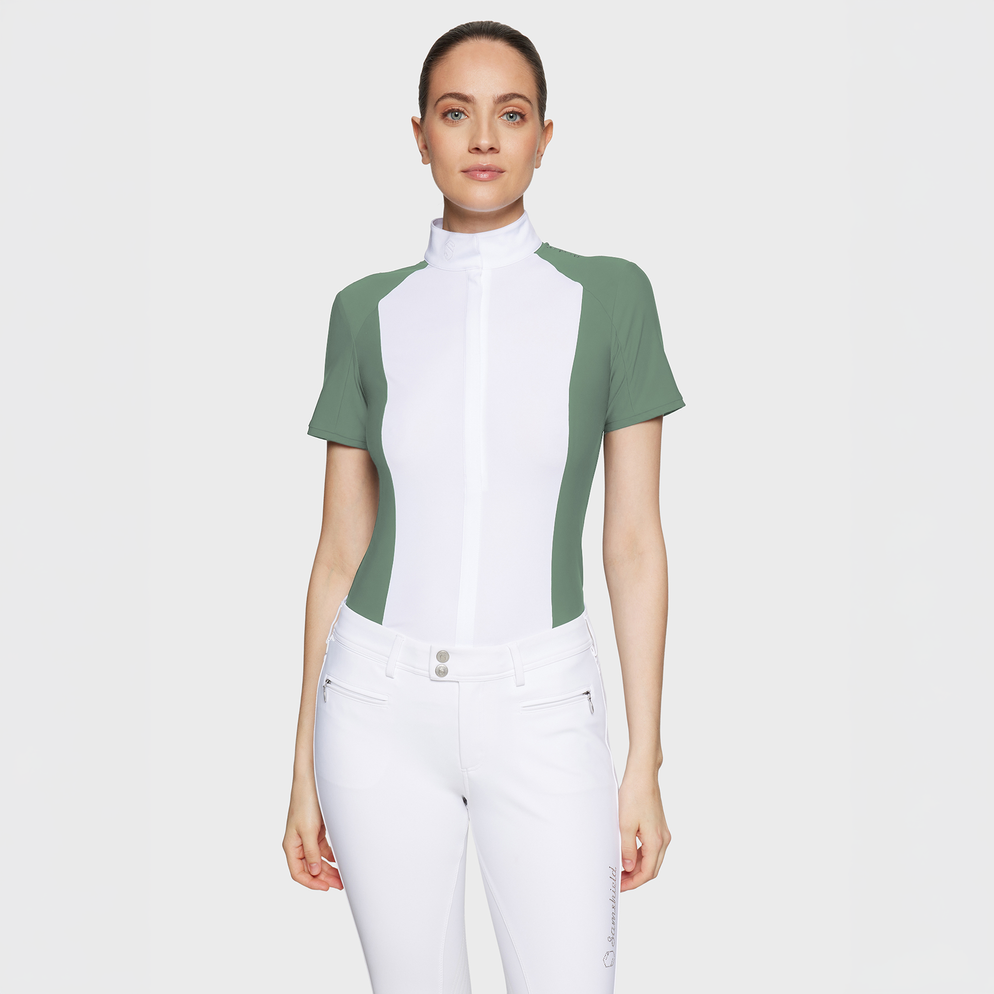 Samshield ladies short sleeve show shirt with metal dot accents in pistachio, featuring a classic fit and breathable fabric.