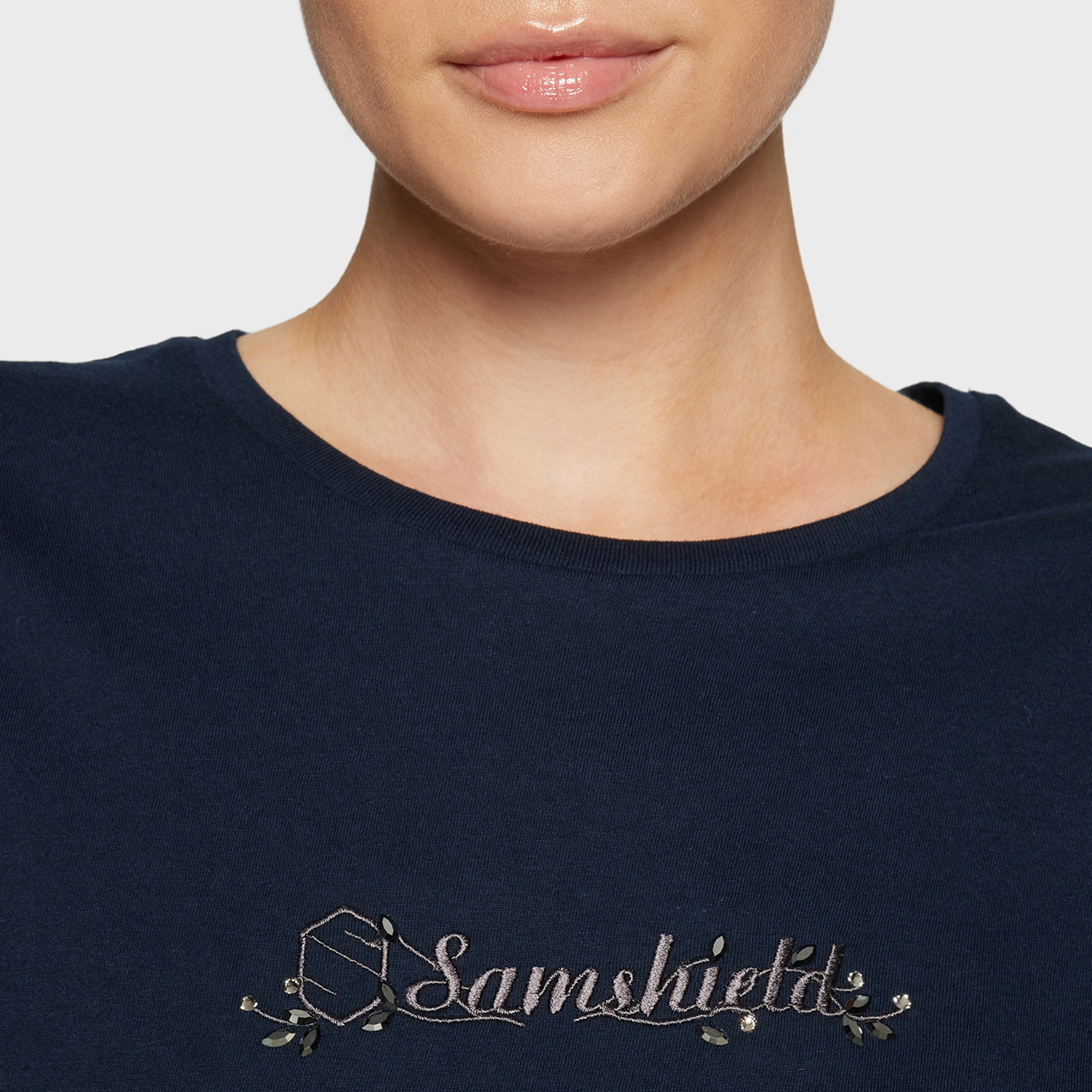 Samshield Ladies Sylvia navy short sleeve show shirt with detailed stitching, designed for equestrian competition and performance.
