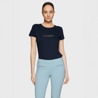 Samshield Ladies Sylvia navy short sleeve show shirt with a high collar and subtle logo detail, designed for equestrian competitions.