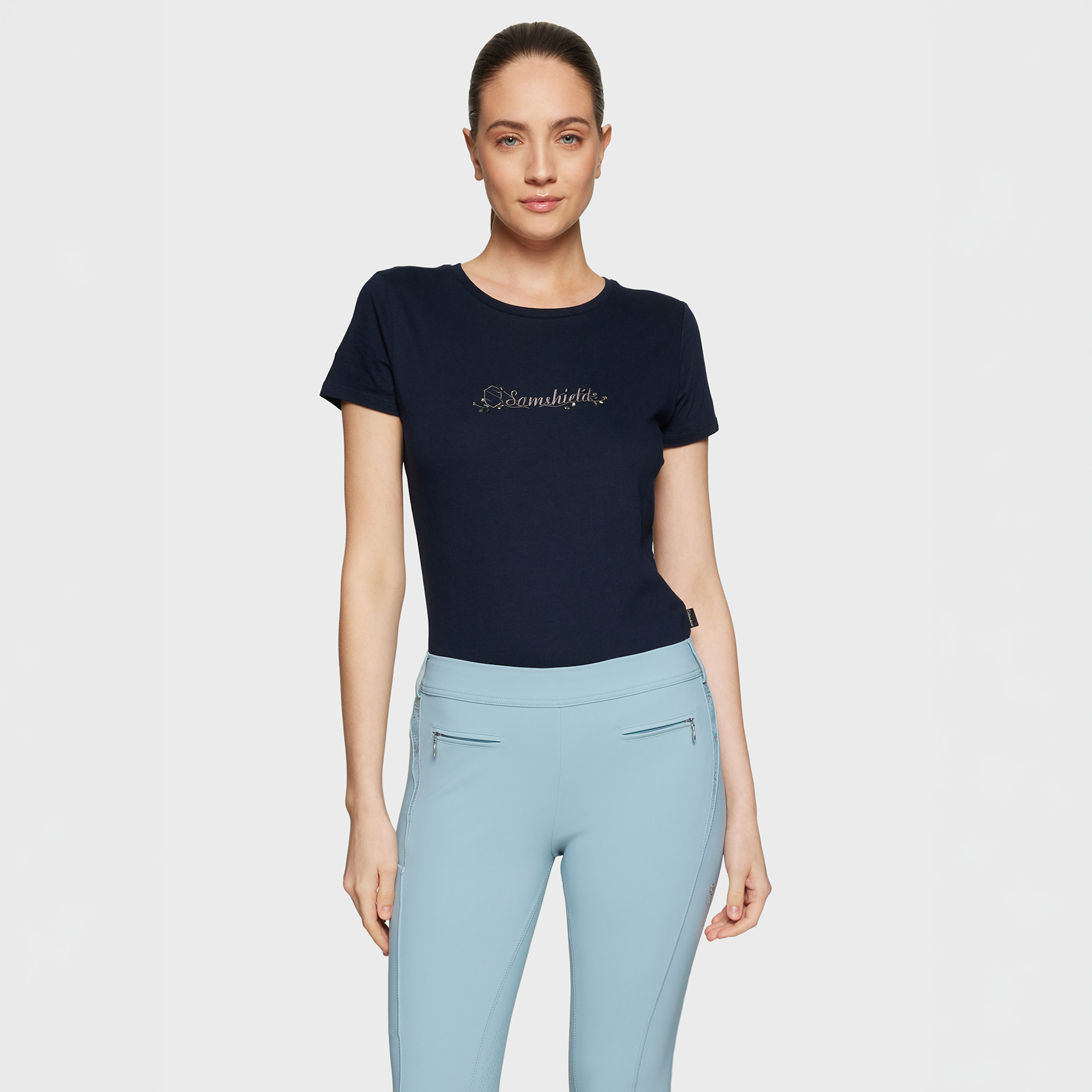 Samshield Ladies Sylvia navy short sleeve show shirt with a high collar and subtle logo detail, designed for equestrian competitions.