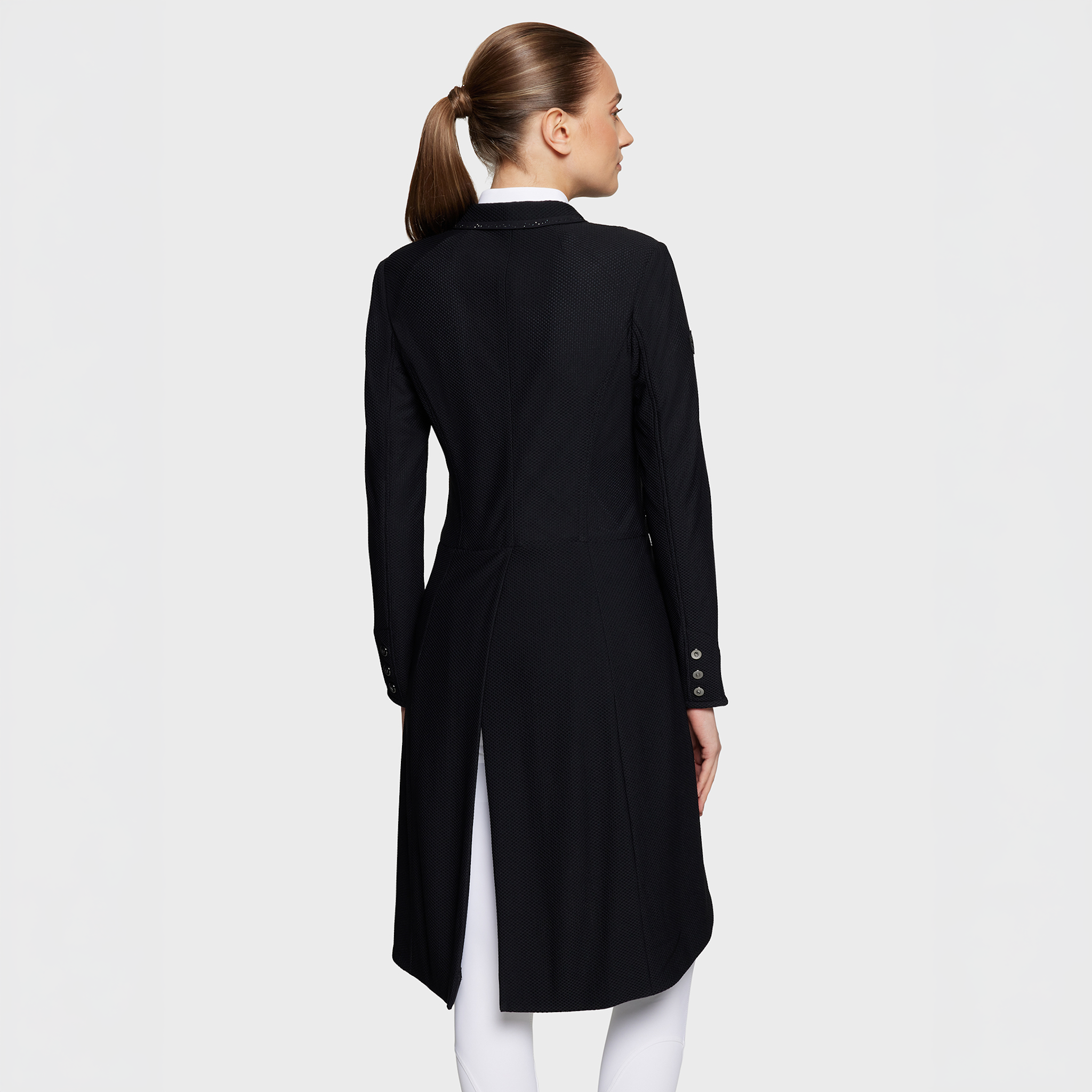 Samshield Ladies Frac Wellington Crystal Dressage Tail Coat in black with crystal embellishments, tailored for elegant equestrian performance.