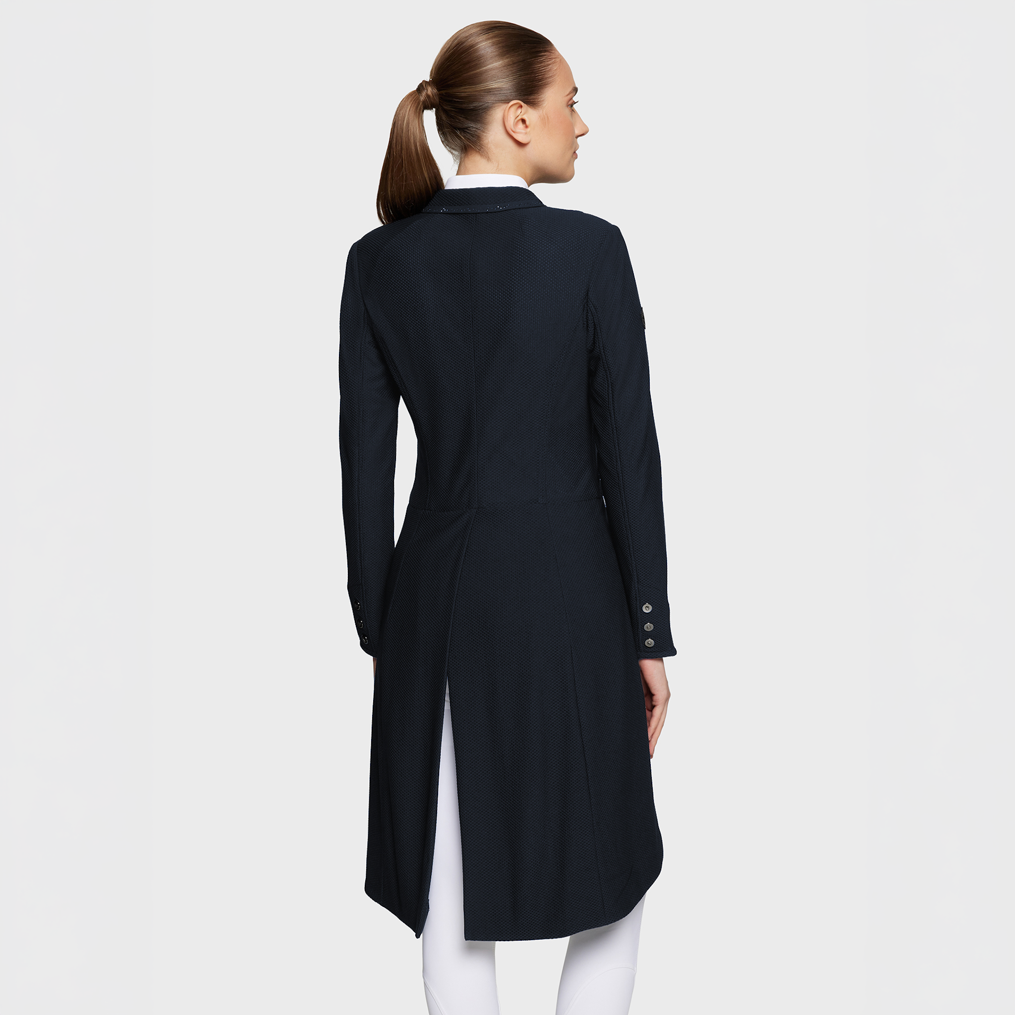 Samshield Ladies Frac Wellington crystal show jacket in navy, tailored dressage tail coat with elegant crystal details.