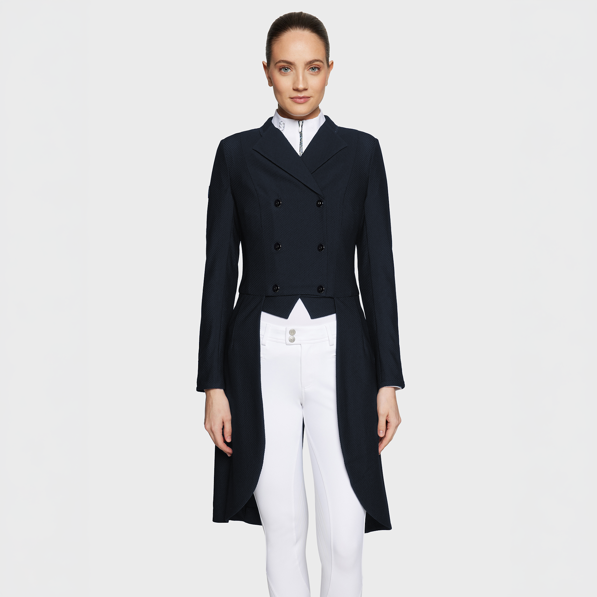 Samshield Ladies Frac Wellington Crystal dressage show jacket in navy with crystal embellishments, tailored for elegant equestrian performance.