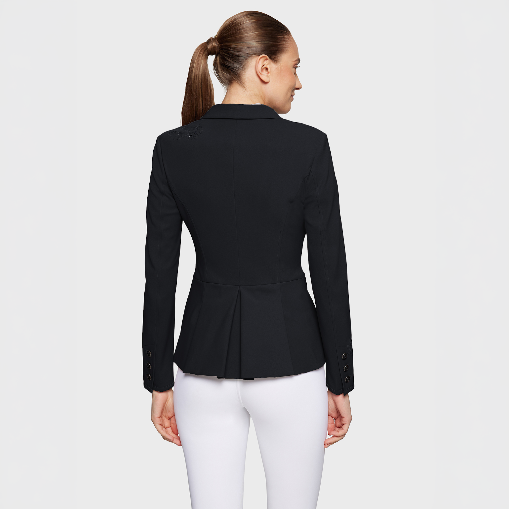 Samshield Ladies Victorine Crystal Ferna black show jacket with crystal embellishments, tailored fit, and elegant design for equestrian events.