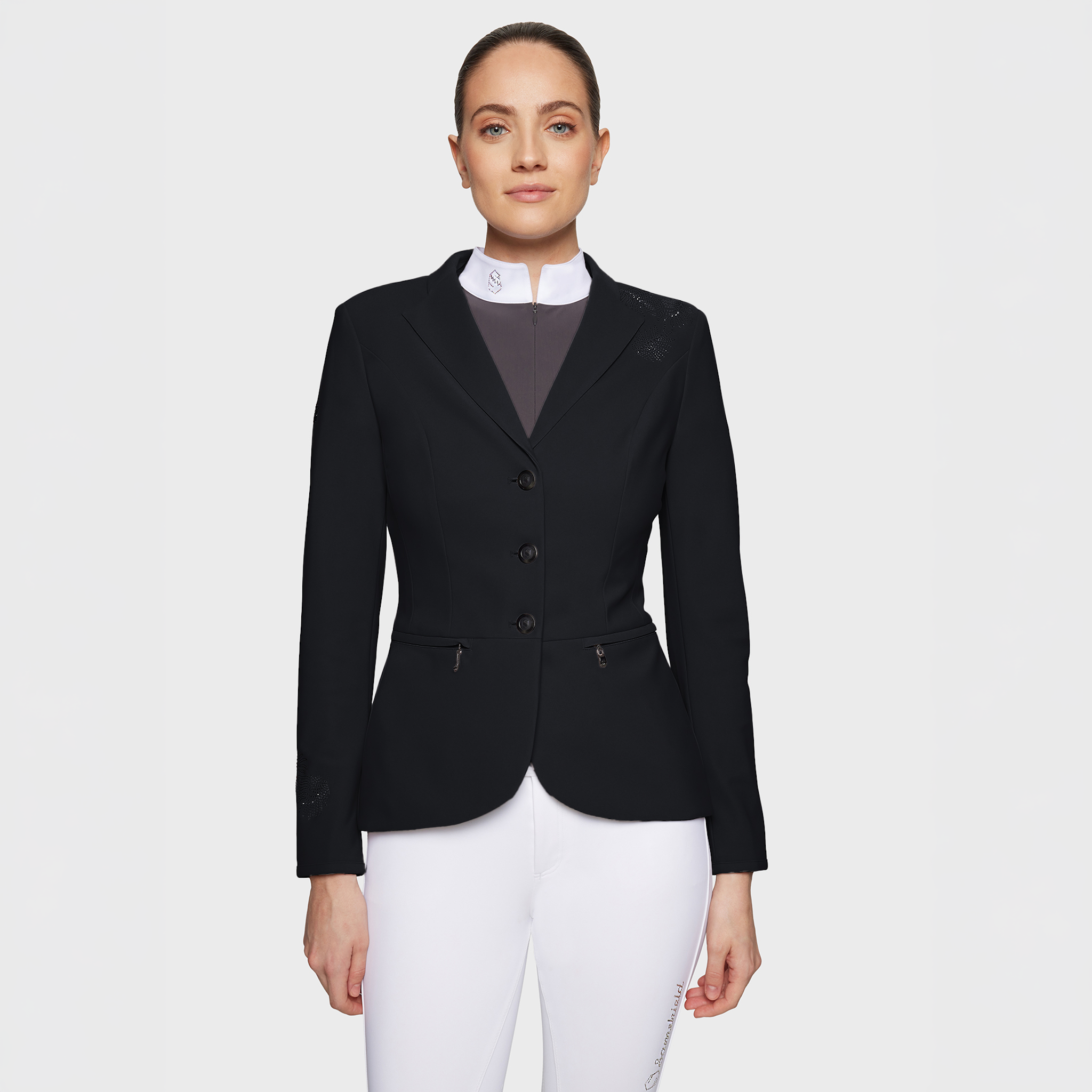 Samshield Ladies Victorine Crystal Ferna black show jacket with crystal details, tailored fit, and elegant design for equestrian events.