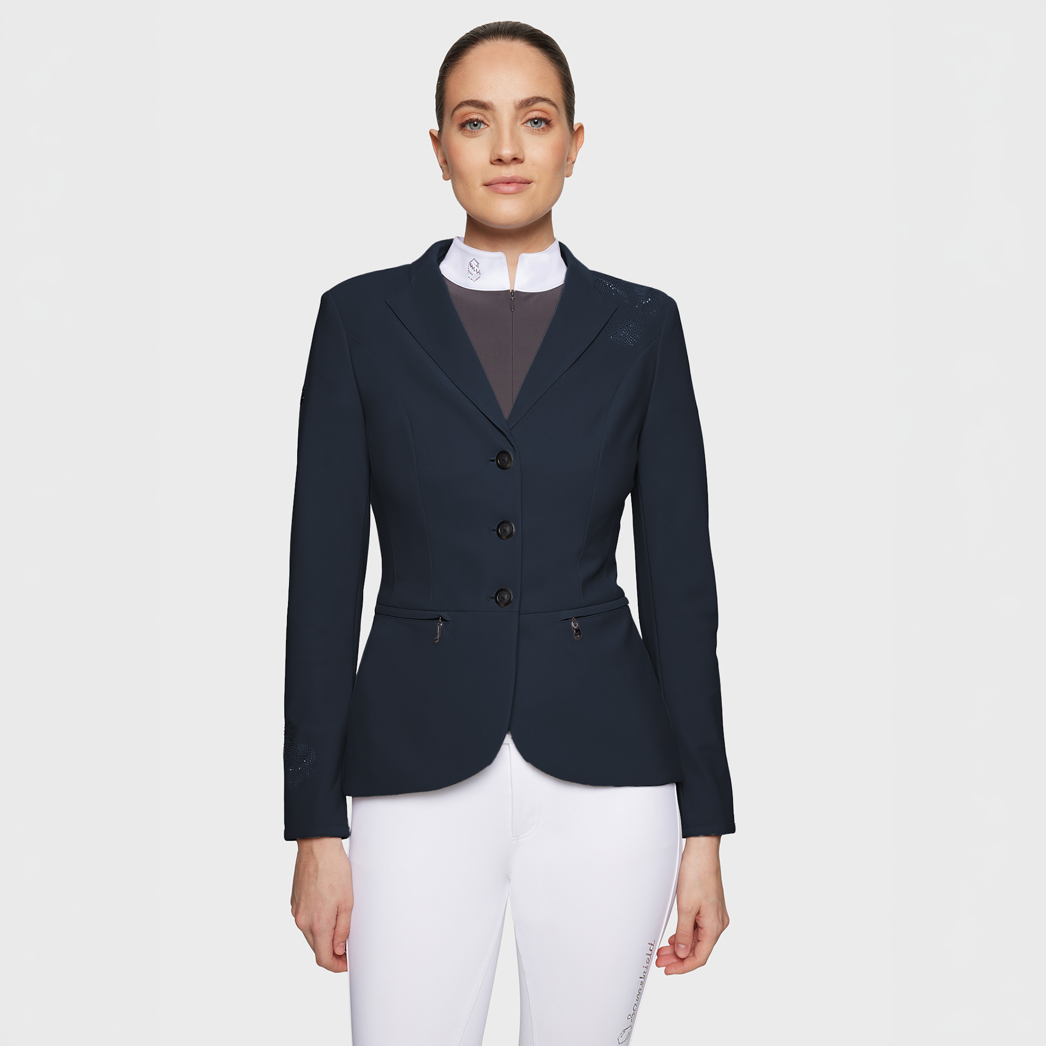 Samshield Ladies Victorine Crystal Ferna navy show jacket with crystal embellishments, tailored for equestrian events.