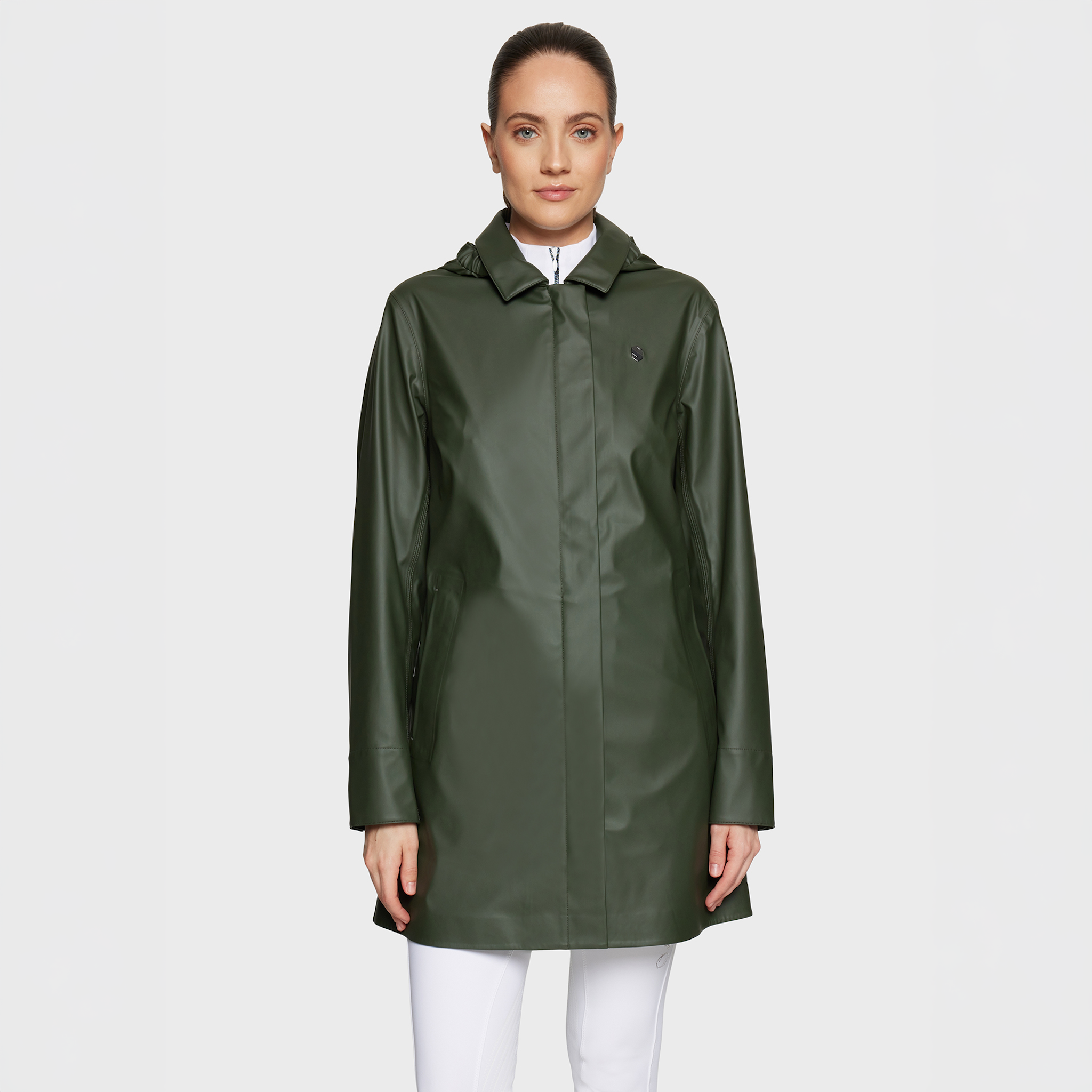 Samshield Ladies SS26 Delfina waterproof rain coat in beige, casual jacket with hood and front pockets, stylish and functional for rainy days.
