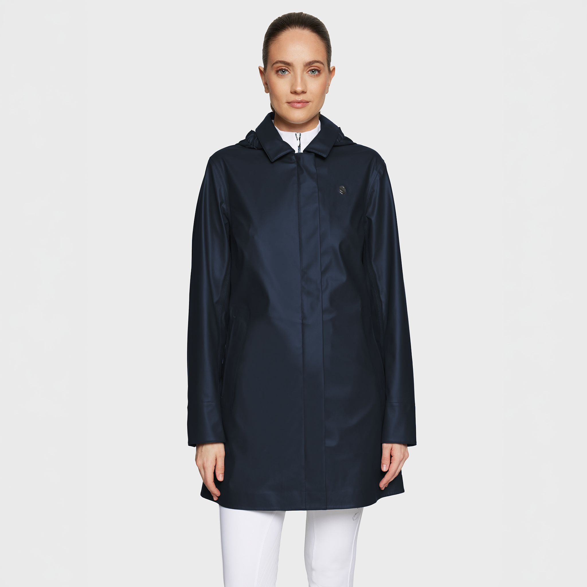Samshield Delfina waterproof rain coat for women, navy and beige casual jacket with a hood, designed for outdoor protection.