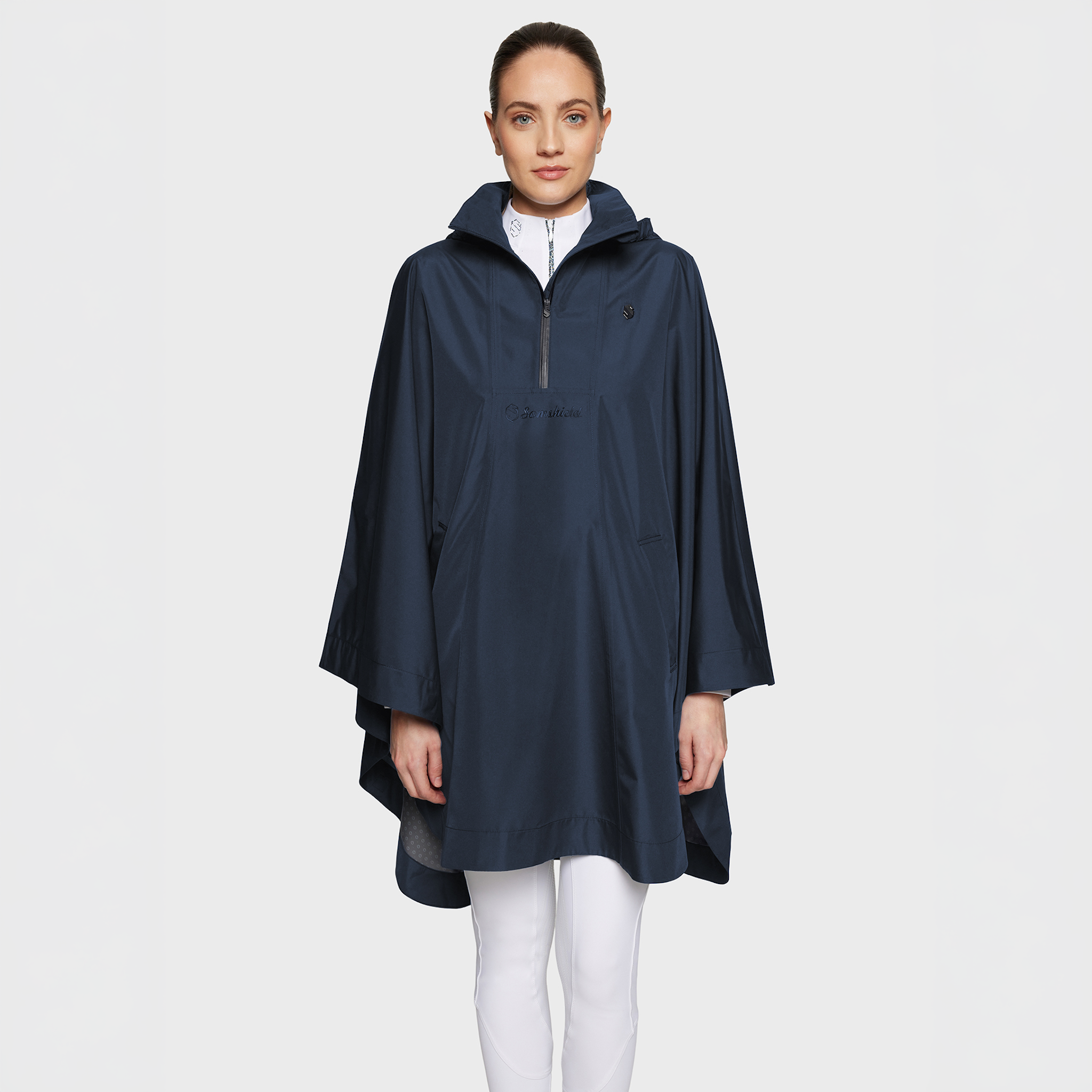 Samshield Ladies SS26 Elfida navy waterproof poncho, casual coat with hood, designed for outdoor protection and style.