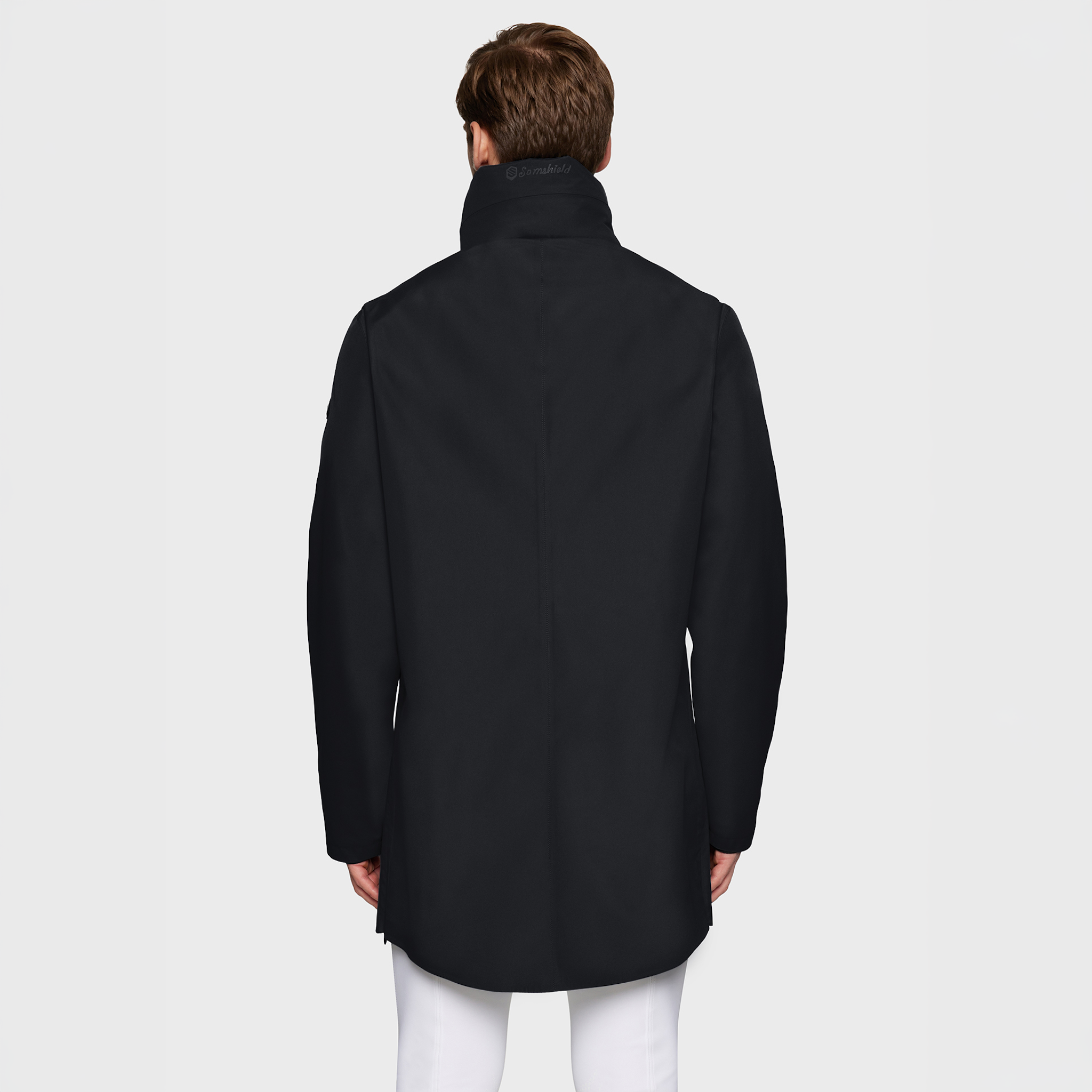 Samshield men's Stelian waterproof rain coat in black, casual jacket with hood and front zipper, suitable for rainy weather.
