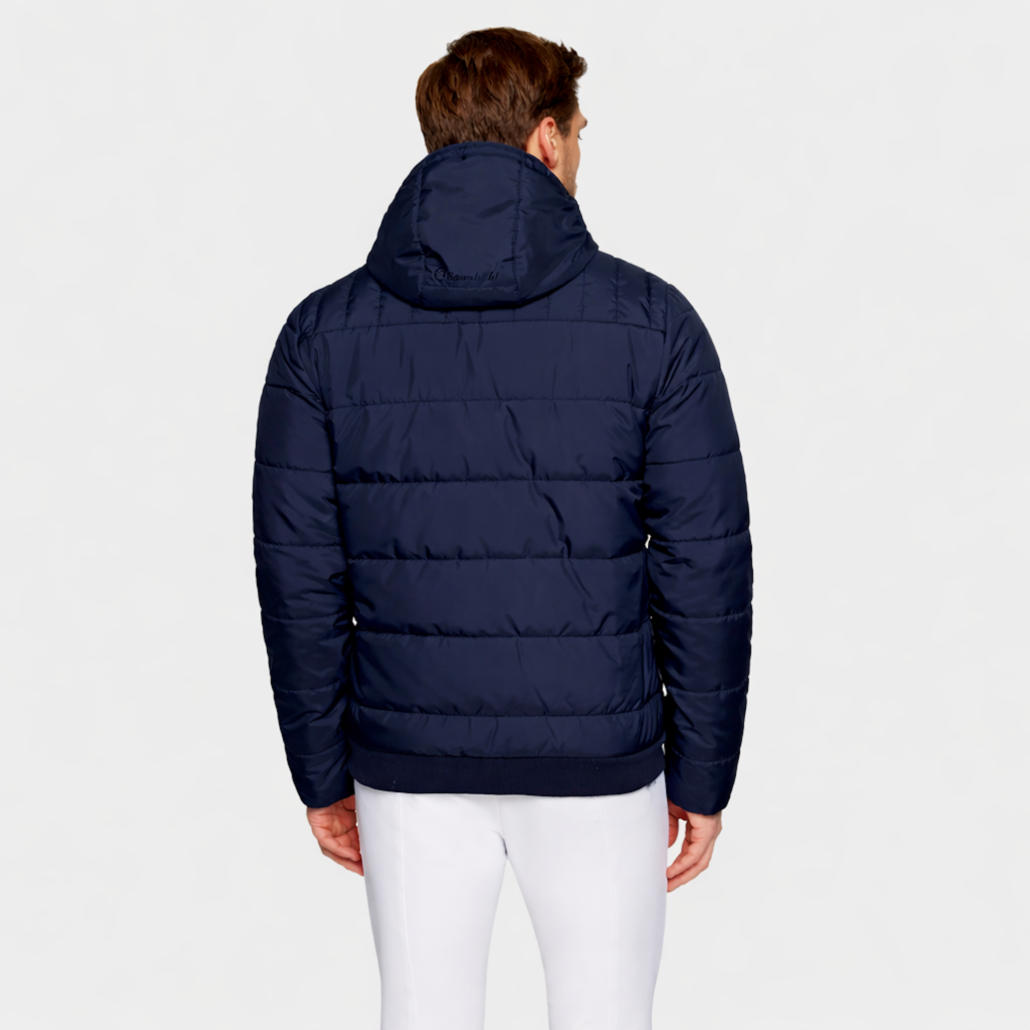 Samshield men's Aspen puffer jacket in navy, showing the back view with quilted design and stand collar.