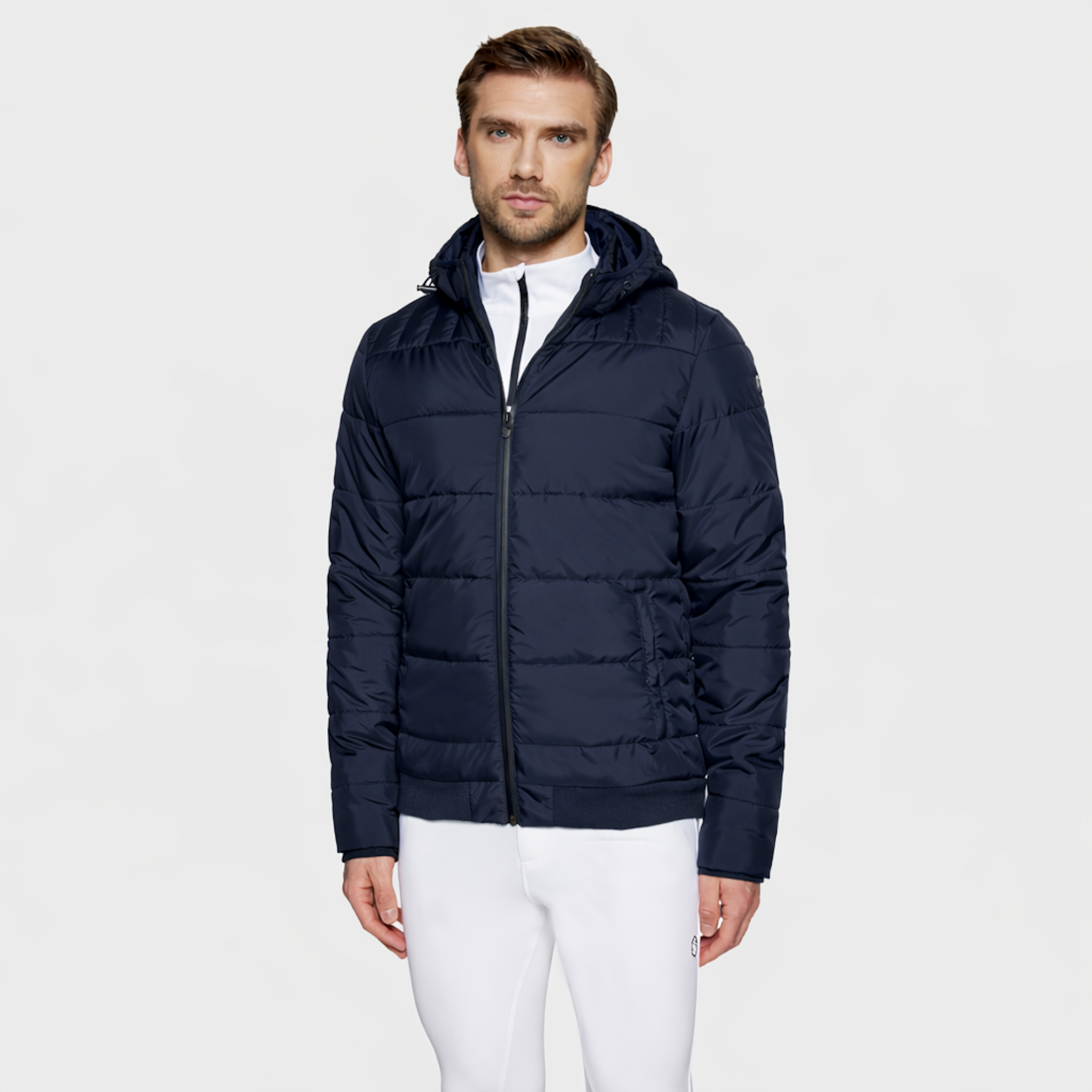 Navy Samshield men's Aspen puffer coat with front view, featuring a quilted design and insulated warmth for casual wear.