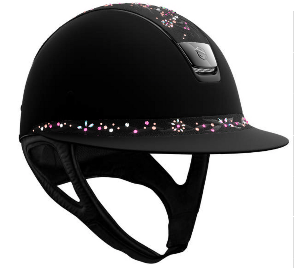 Samshield Miss Shield Shadowmatt Riding Helmet, Flower Jewelry Top & Front Band, Black Chrome Trim & Blazon - Espayo Equestrian