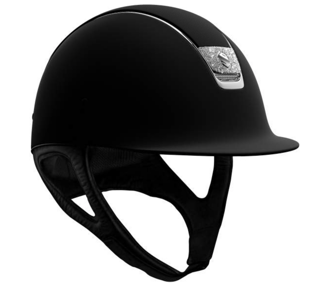 Samshield Shadowmatt Riding Helmet, Black Chrome Trim, Crystal Fabric Blazon - Espayo Equestrian