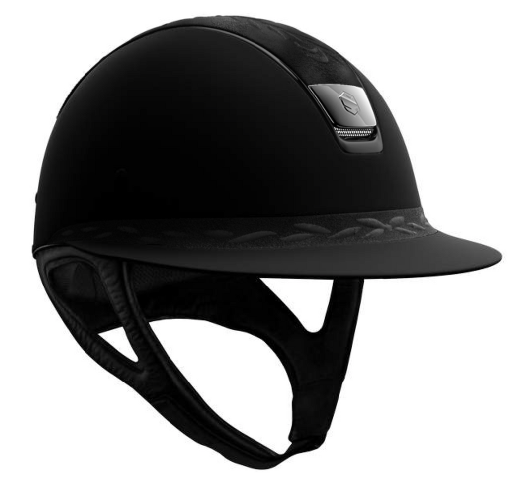 Samshield Miss Shield Shadowmatt Riding Helmet, Flower Embroidery Top & Front, Chrome Black Trim & Blazon - Espayo Equestrian