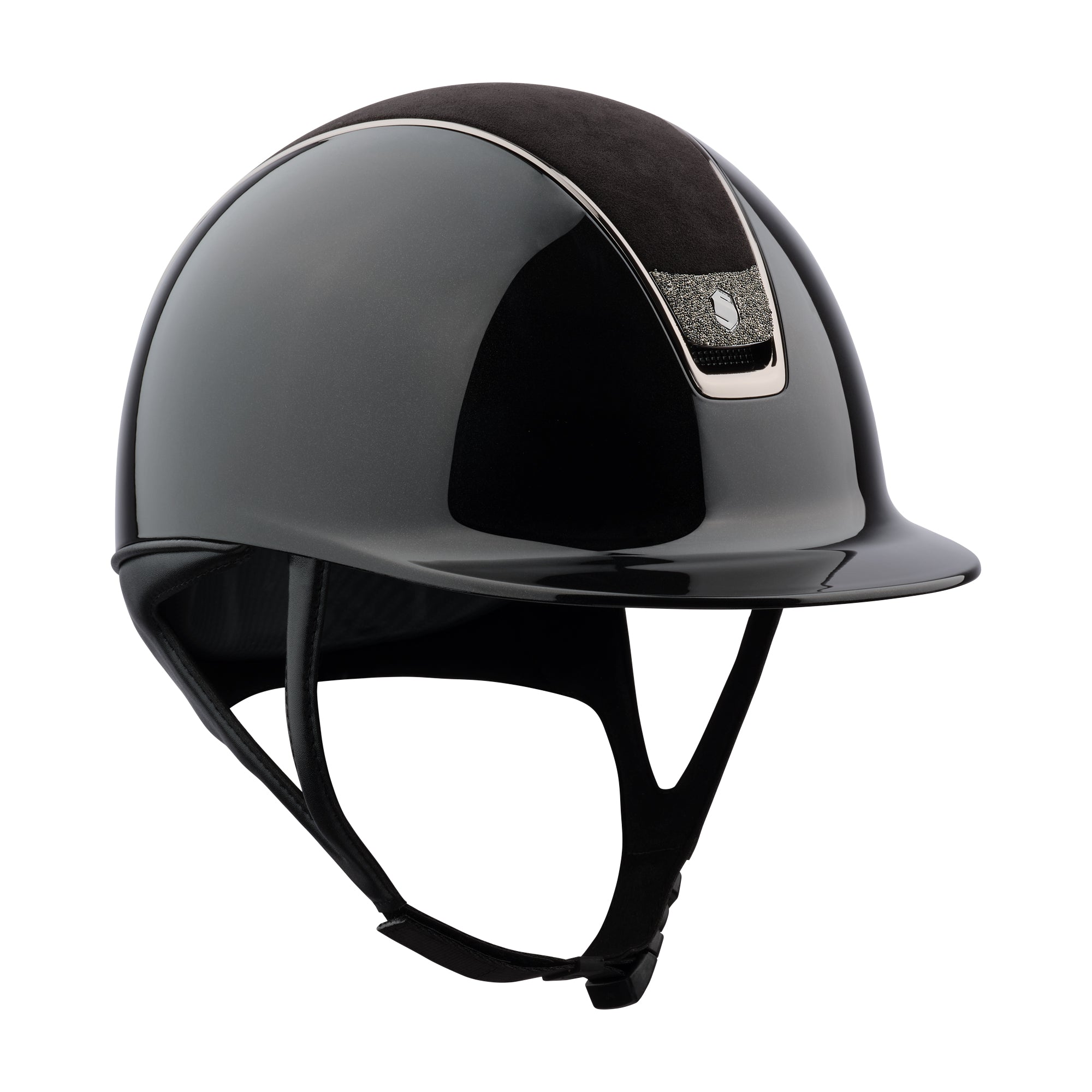 Samshield Shadowglossy 2.0 Riding Helmet, Alcantara Top, Black Chrome Trim, Crystal Fabric Blazon - Espayo Equestrian