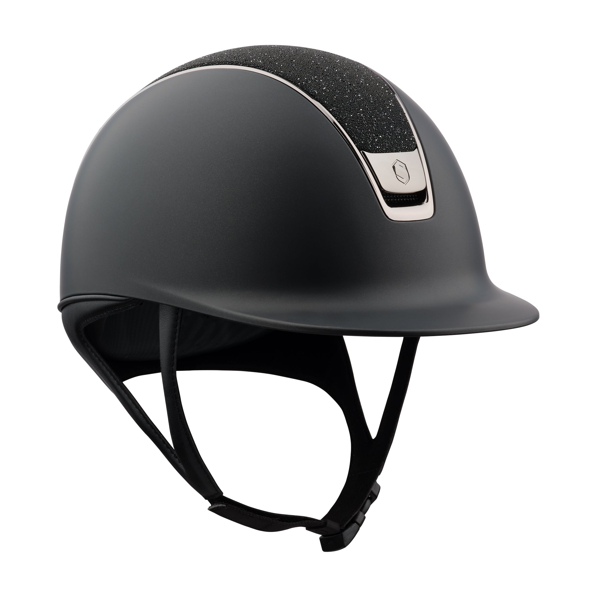Samshield Shadowmatt 2.0 Riding Helmet Crystal Fabric Top, Black Chrome Trim & Blazon - Espayo Equestrian