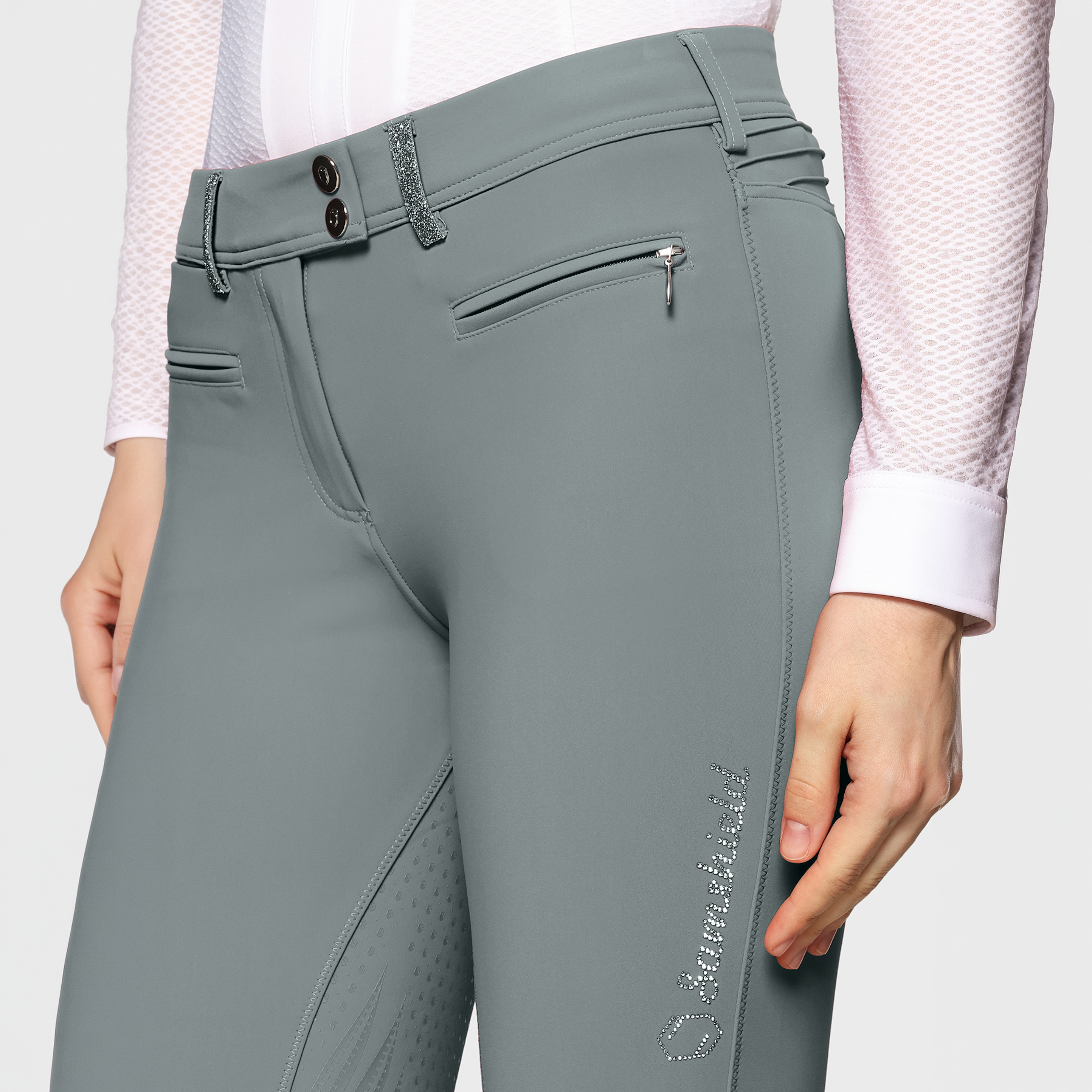 Samshield Ladies SS26 Adele knee grip breeches with granite detail, showing close-up of fabric and knee grip design.