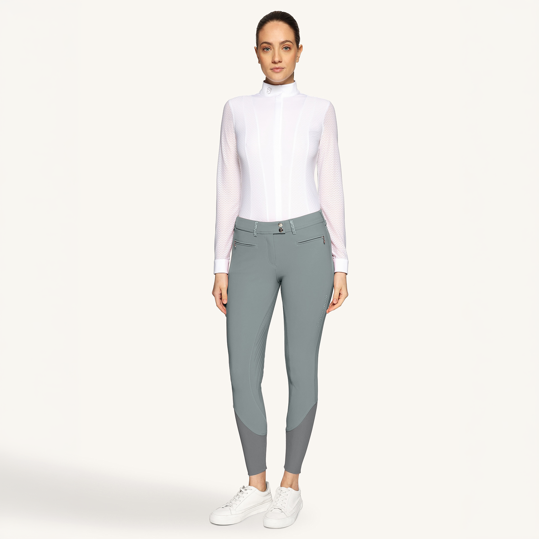 Samshield Ladies SS26 Adele knee grip breeches in granite face fabric, featuring a tailored fit and knee grip for riding comfort.