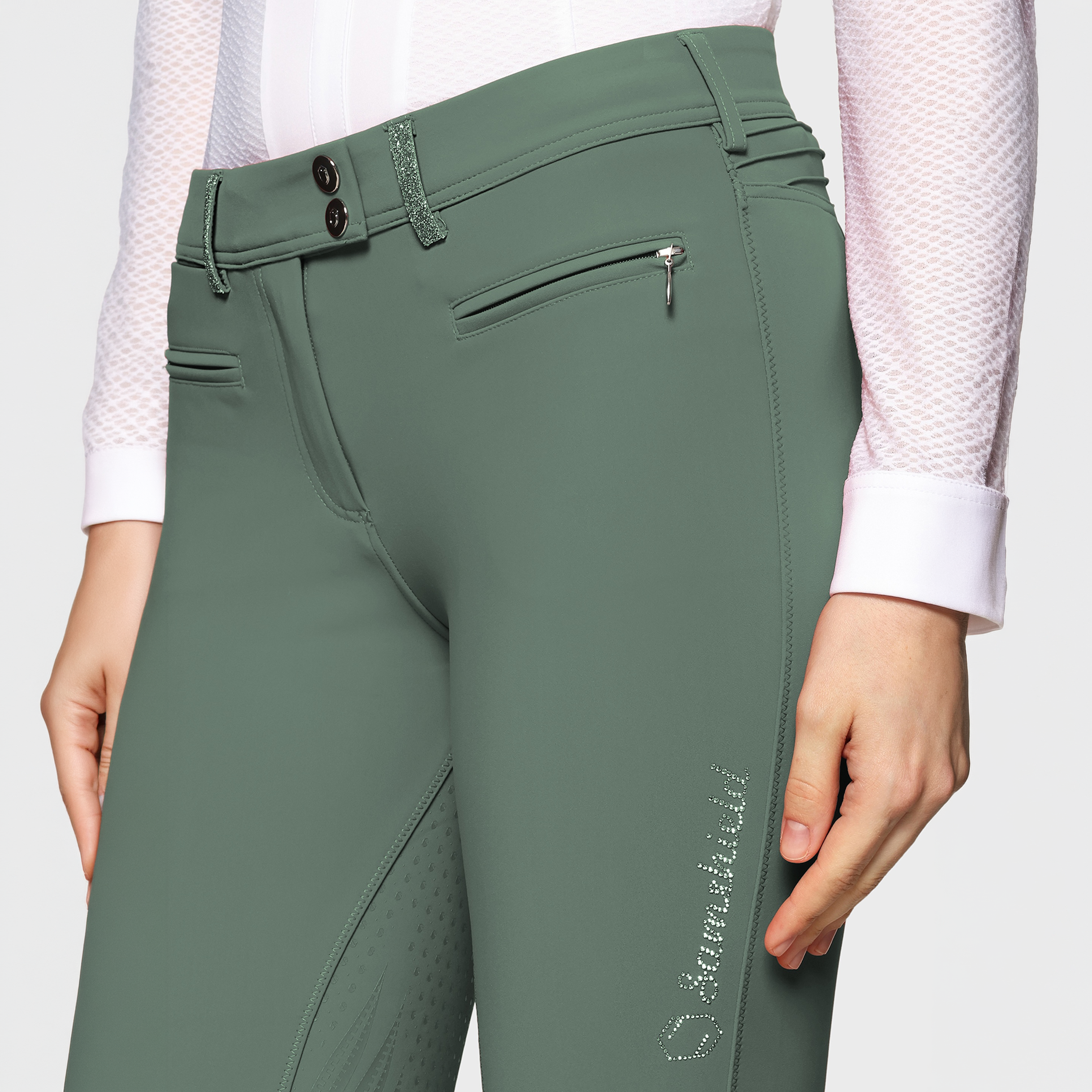 Samshield Ladies SS26 Adele knee grip breeches in pistacchio color, tailored riding breeches with knee grip for comfortable riding.
