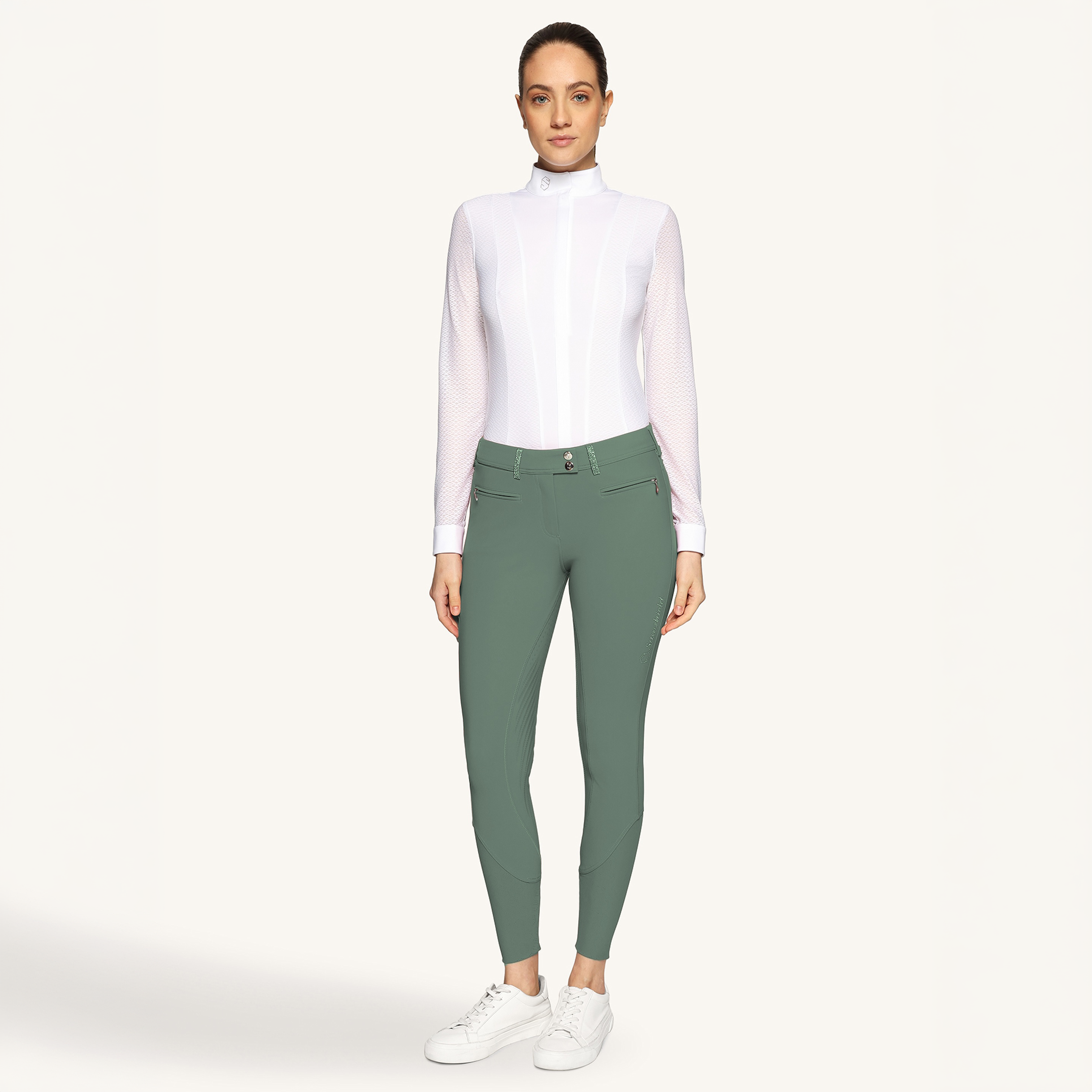 Samshield Ladies SS26 Adele knee grip breeches in pistachio face fabric, showcasing comfortable fit and stylish riding attire.