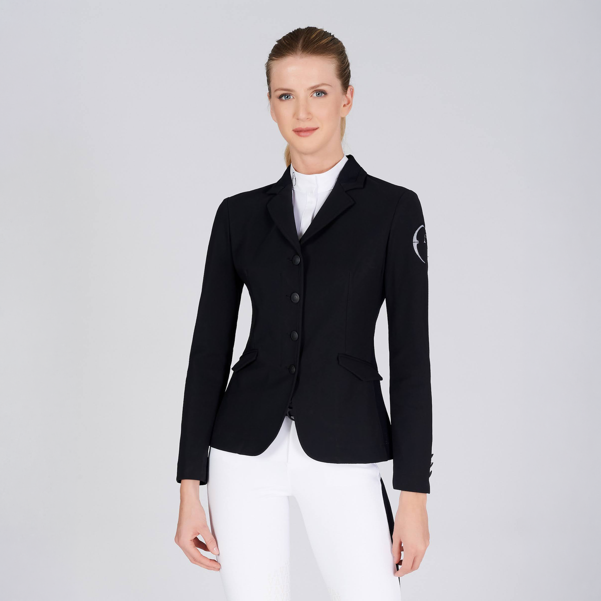 Black Vestrum Ladies Barcellona Show Jacket with tailored fit and stylish design, suitable for equestrian events.