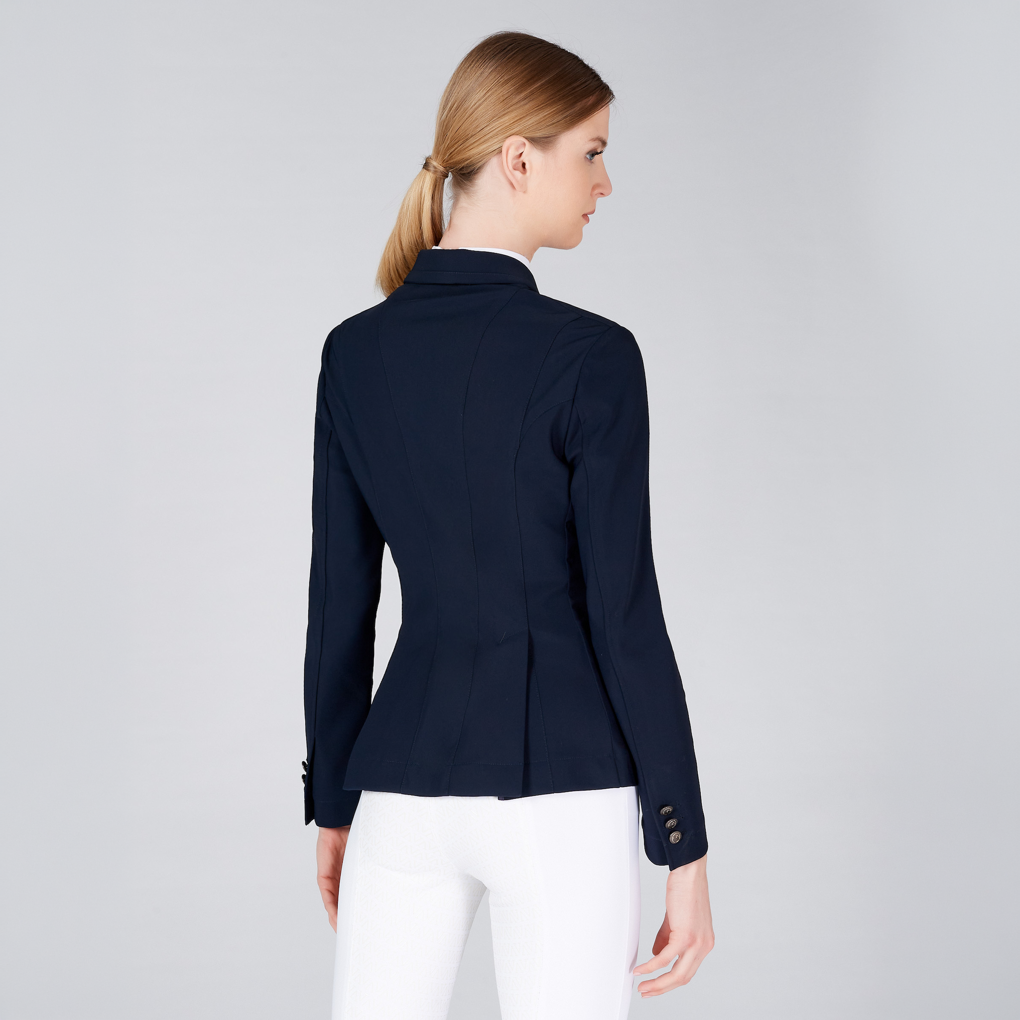 Navy Vestrum Ladies Mantova Air Vest Compatible Show Jacket displayed from the back, tailored fit for equestrian show competitions.