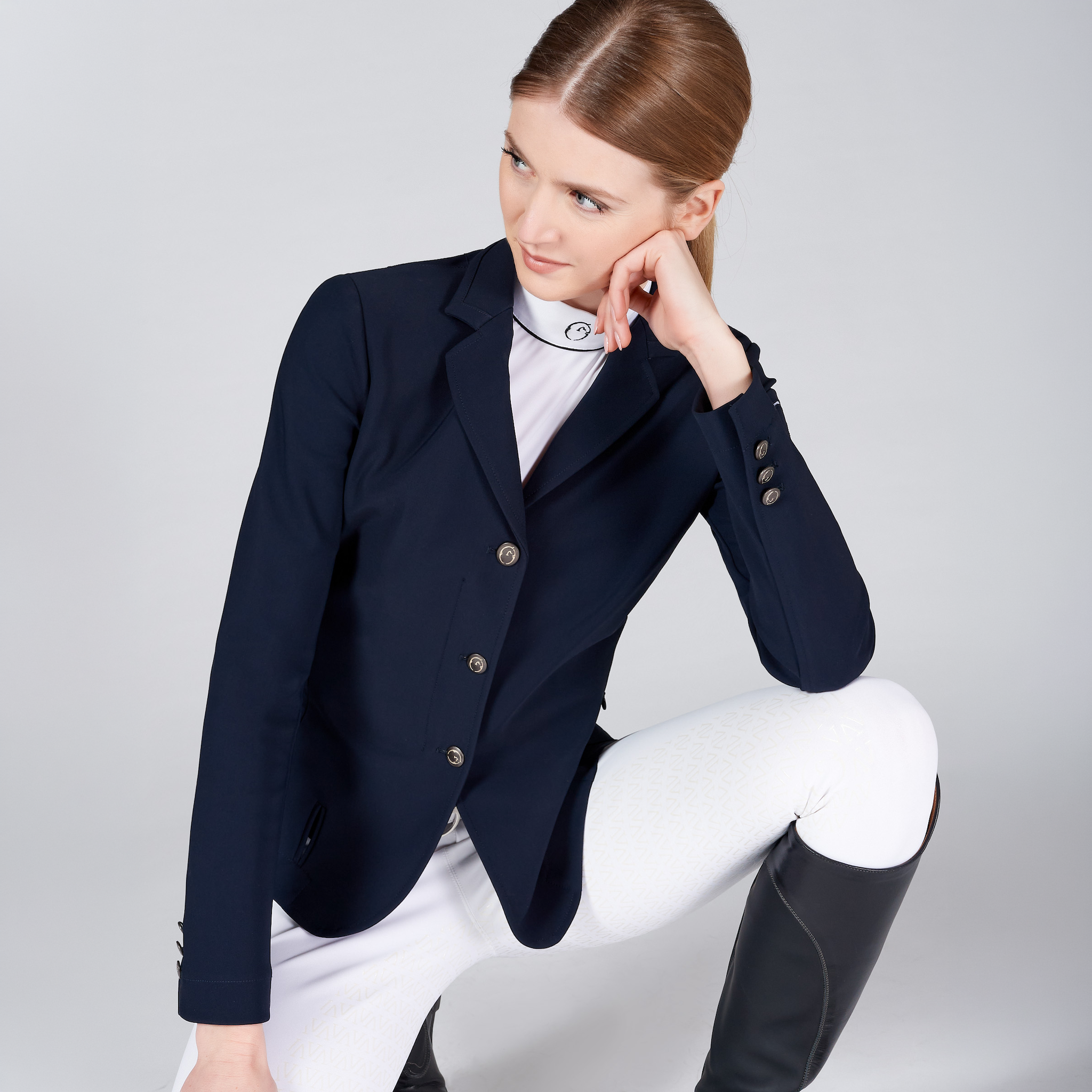 Navy Vestrum Ladies Mantova Air Vest compatible show jacket, tailored fit, lightweight, side view for equestrian competition attire.