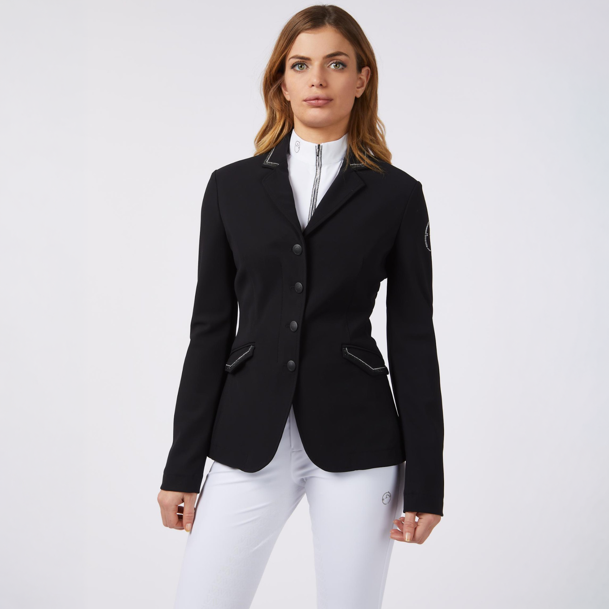 Black Vestrum Ladies Nizza Show Jacket displayed from the front, showcasing tailored fit and elegant design for equestrian events.