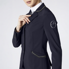 Navy Vestrum Ladies Nizza Show Jacket displayed from the side, showcasing tailored fit and elegant design for equestrian events.