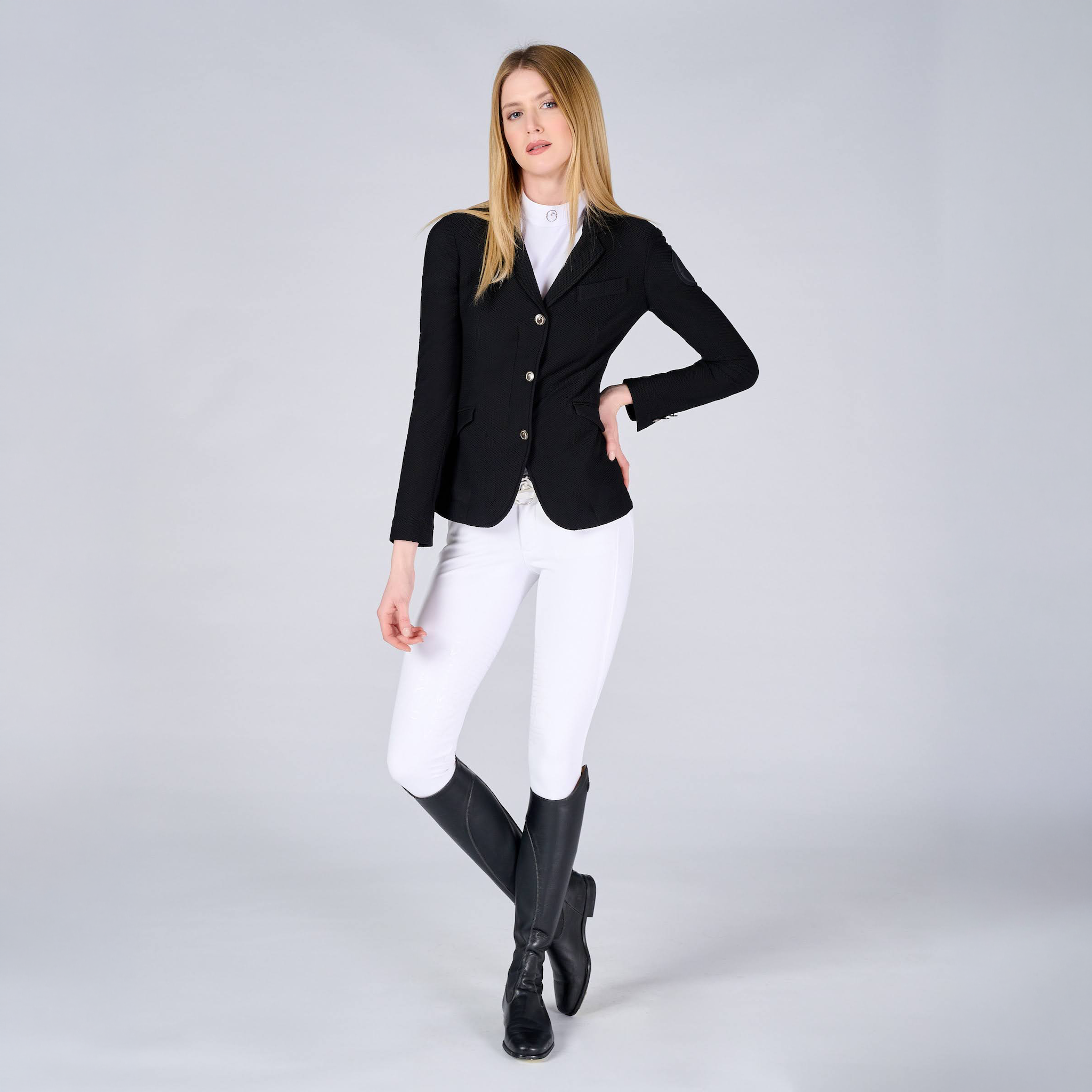 Vestrum Ladies Valencia Show Jacket in black, front view showing tailored fit and classic style for equestrian competitions.