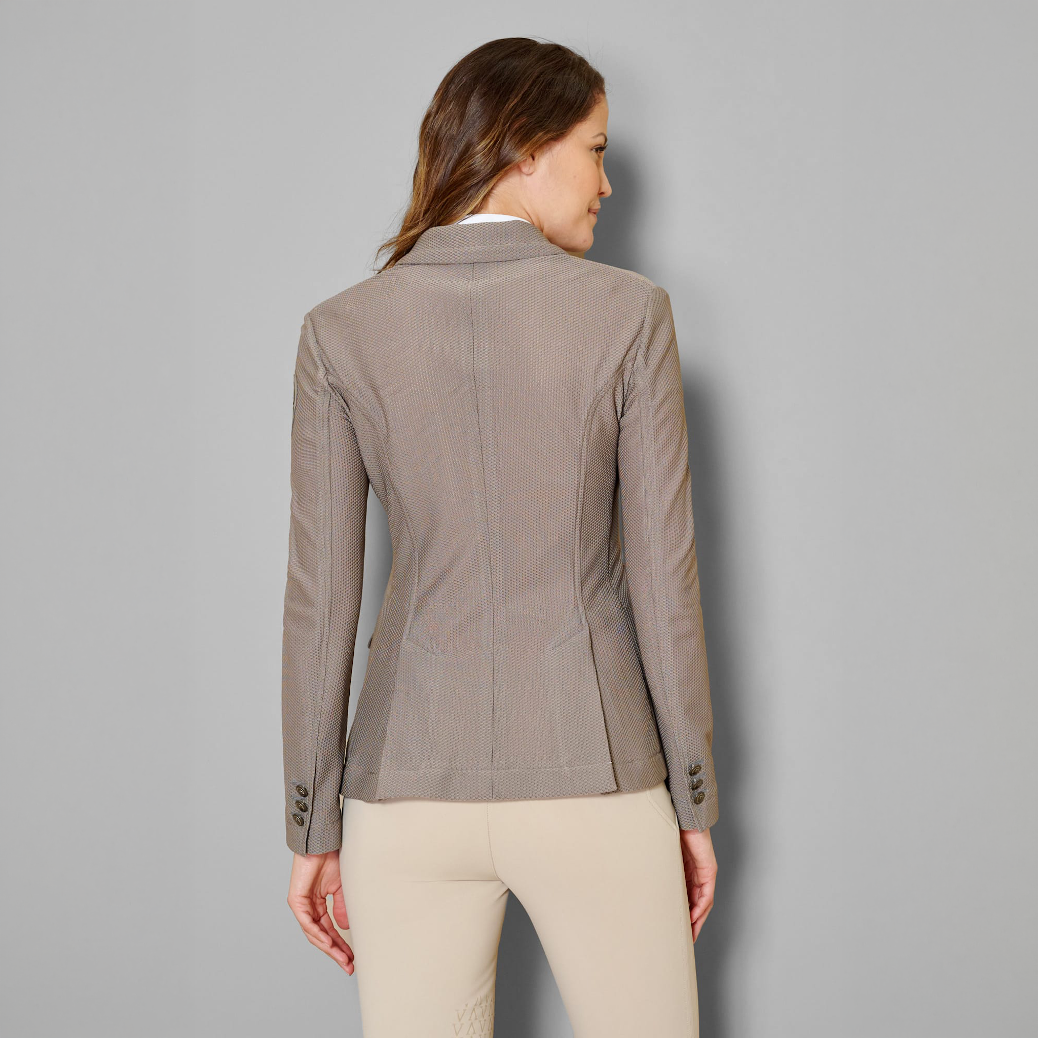 Vestrum Ladies Valencia Show Jacket in sand color, tailored fit, back view highlighting elegant design and show-ready details.