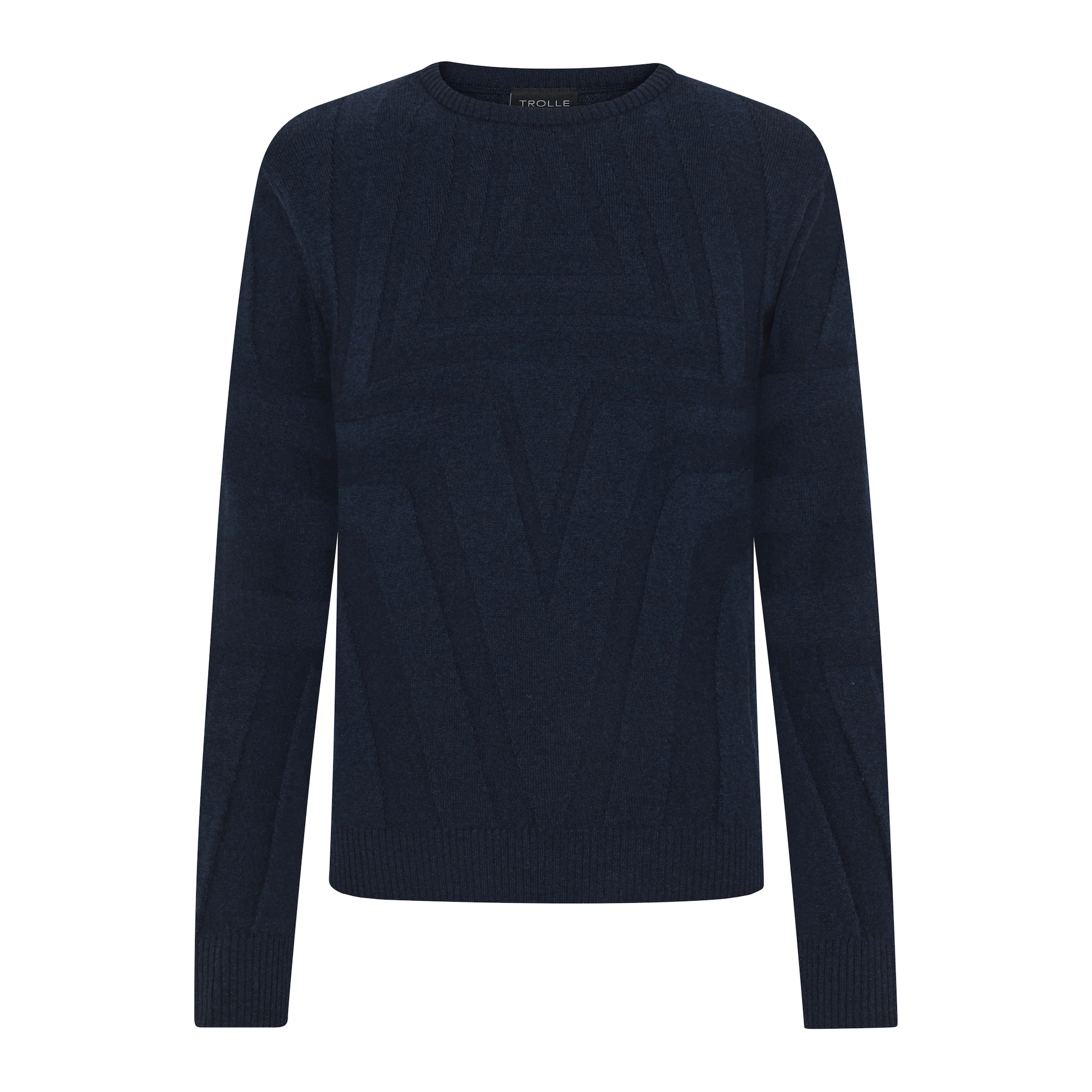 Navy Trolle unisex eco wool cashmere sweater, casual ladies jumper with a cozy, soft knit texture and ribbed cuffs.