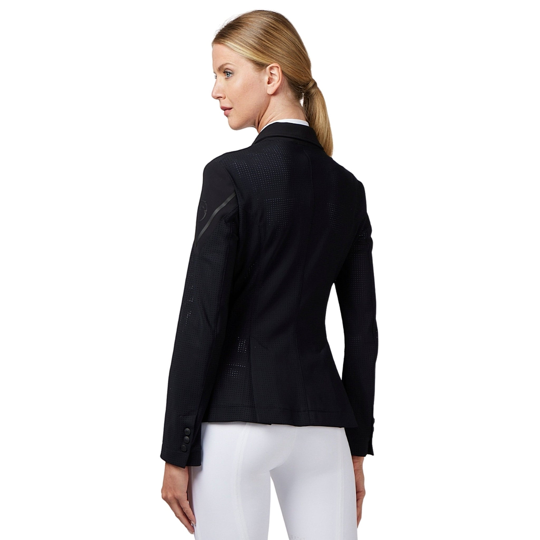 Black Vestrum Ladies Capri Show Jacket displayed from the back, showcasing tailored fit and stylish design for equestrian events.