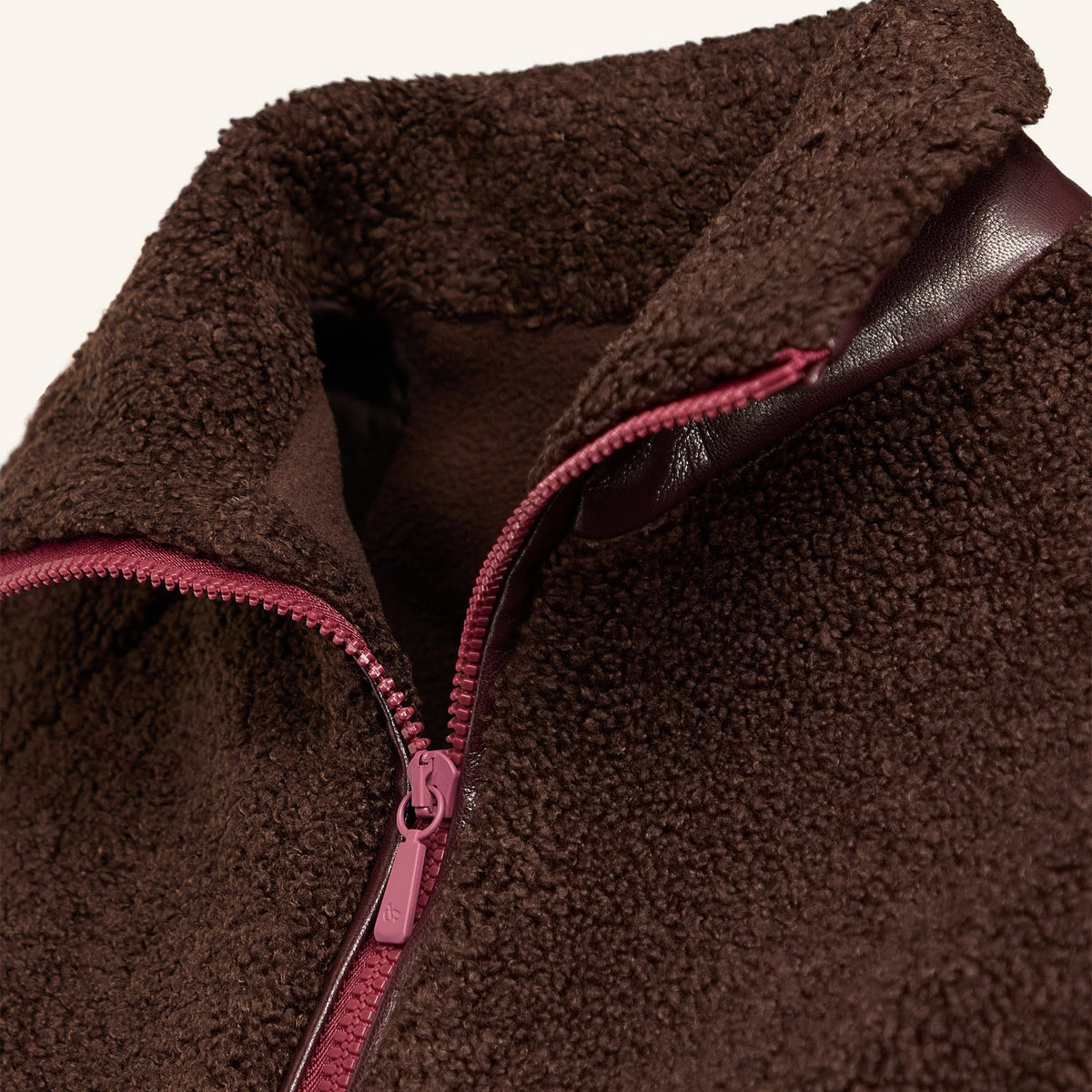Dada Sport Ladies Tabalou Fleece in Brown, close-up of the half-zip and plum contrast collar