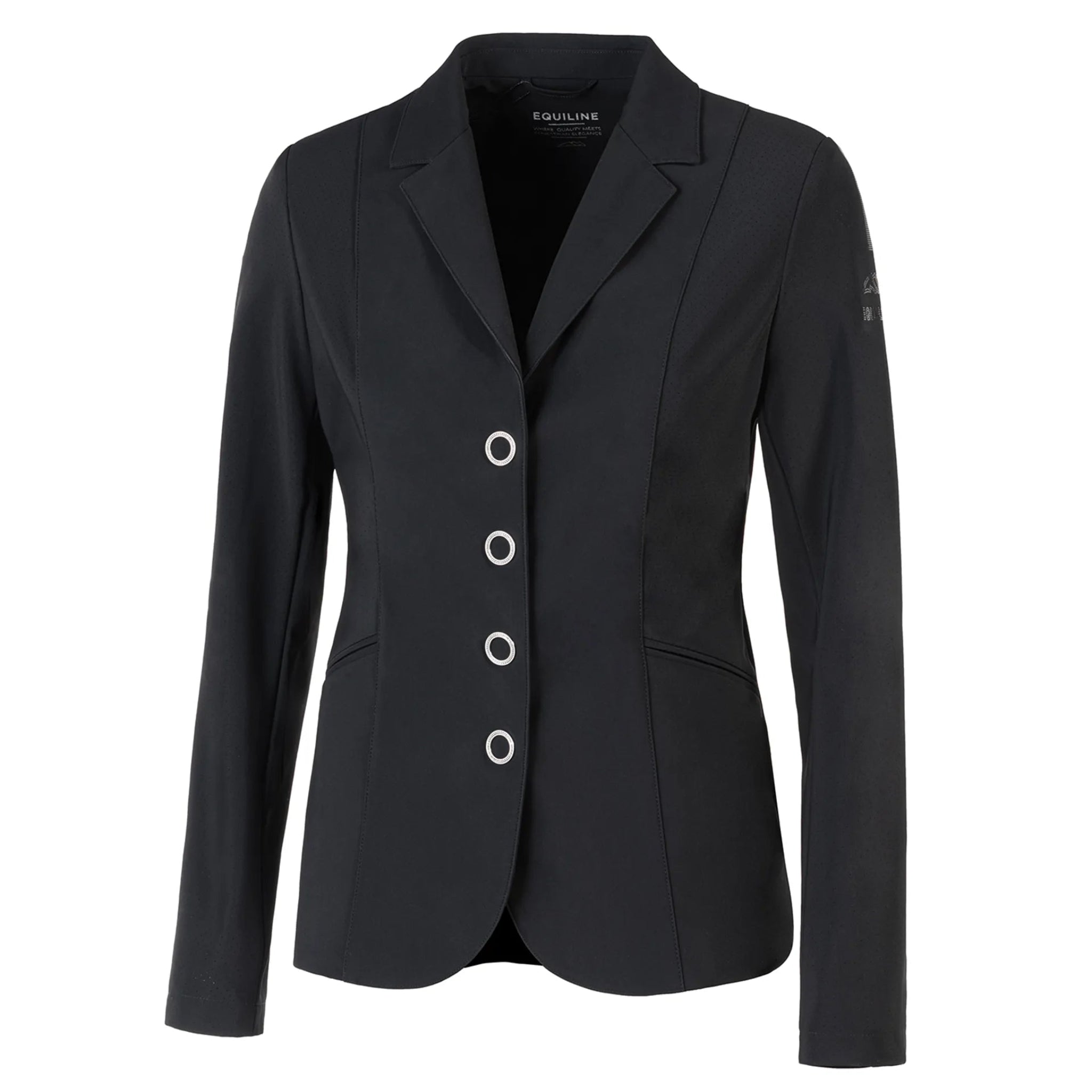 Equiline Ladies Gamtig Show Jacket in black, tailored fit for equestrian competitions, featuring sleek design and high-quality fabric.