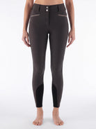 Equiline Ladies Crystalek High Waisted Knee Grip Breeches in Coffee Bean, front view of the high-waisted knee grip breeches with tone-on-tone crystal fabric details.