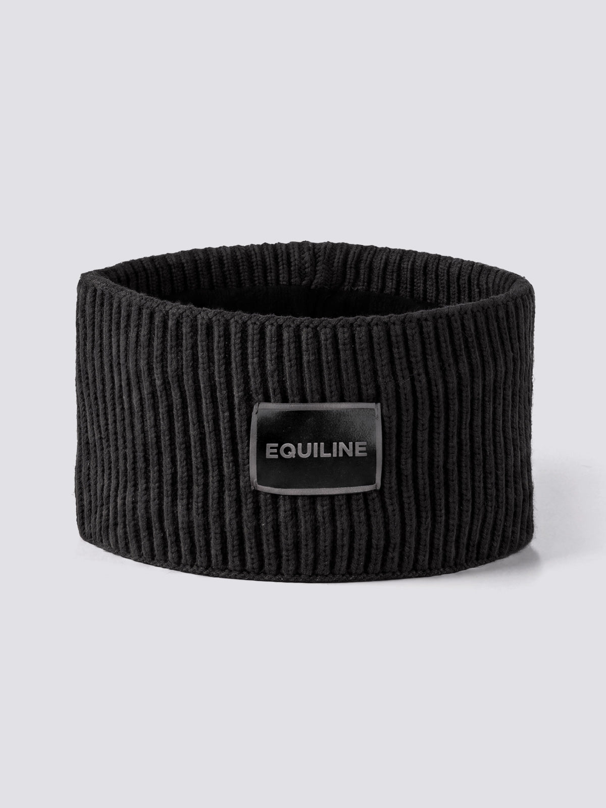 Equiline Ladies Eqcend Knitted Headband in Black, shown worn, the microfleece-lined knitted headband with jacquard Equiline logo patch.