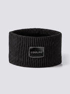 Equiline Ladies Eqcend Knitted Headband in Black, shown worn, the microfleece-lined knitted headband with jacquard Equiline logo patch.