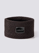 Equiline Ladies Eqcend Knitted Headband in Coffee Bean, shown worn, the microfleece-lined knitted headband with jacquard Equiline logo patch.