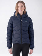 Equiline Ladies Eqcentry Padded Jacket in Blue, front view of the hooded Eco-Duvet padded jacket with printed Equiline logo on the chest.