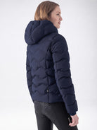 Equiline Ladies Eqcentry Padded Jacket in Blue, back view of the hooded Eco-Duvet padded jacket with printed Equiline logo on the chest.