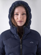 Equiline Ladies Eqcentry Padded Jacket in Blue, detail view of the hooded Eco-Duvet padded jacket with printed Equiline logo on the chest.