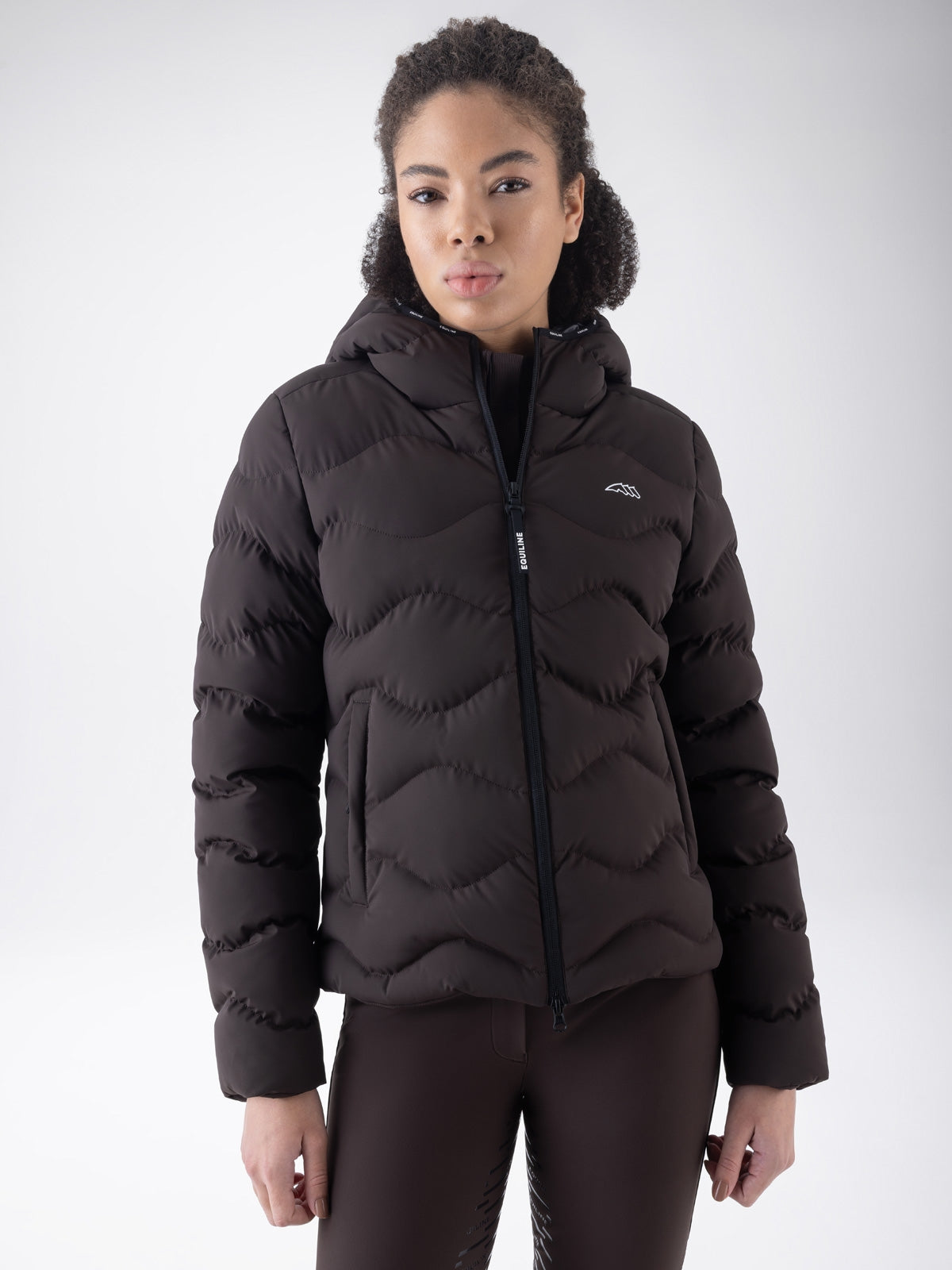 Equiline Ladies Eqcentry Padded Jacket in Coffee Bean, front view of the hooded Eco-Duvet padded jacket with printed Equiline logo on the chest.