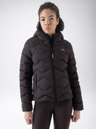 Equiline Ladies Eqcentry Padded Jacket in Coffee Bean, front view of the hooded Eco-Duvet padded jacket with printed Equiline logo on the chest.