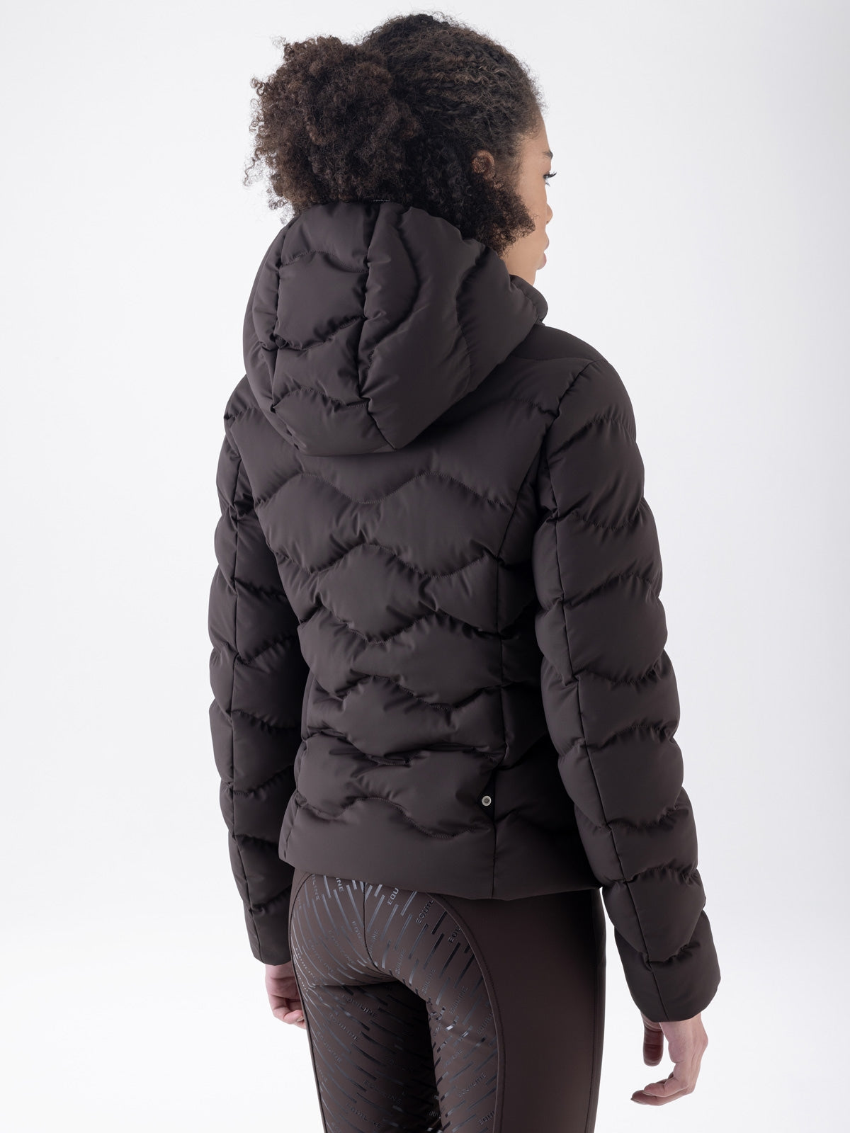 Equiline Ladies Eqcentry Padded Jacket in Coffee Bean, back view of the hooded Eco-Duvet padded jacket with printed Equiline logo on the chest.