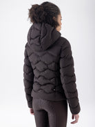 Equiline Ladies Eqcentry Padded Jacket in Coffee Bean, back view of the hooded Eco-Duvet padded jacket with printed Equiline logo on the chest.