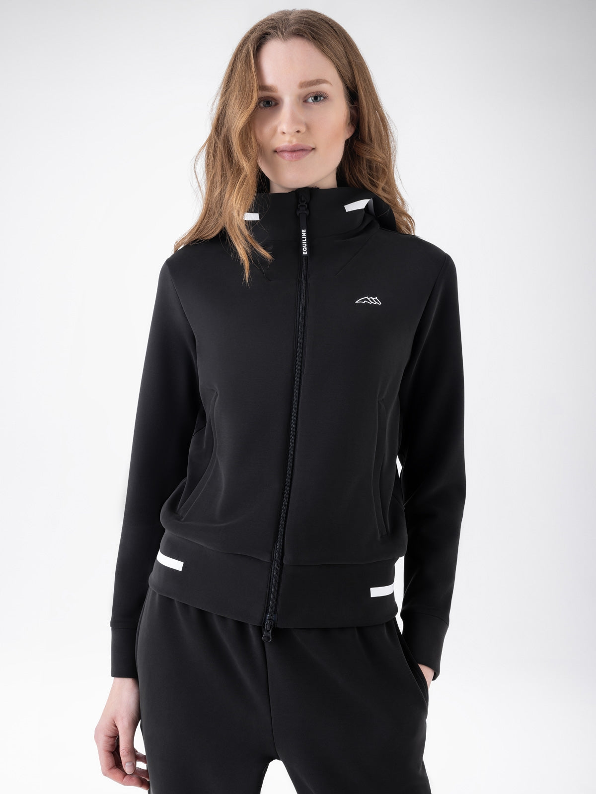 Equiline Ladies Eqcetir Soft Tech Full Zip Hooded Sweatshirt in Black, front view of the soft-touch full zip hooded sweatshirt with two-way zip and printed Equiline logo.