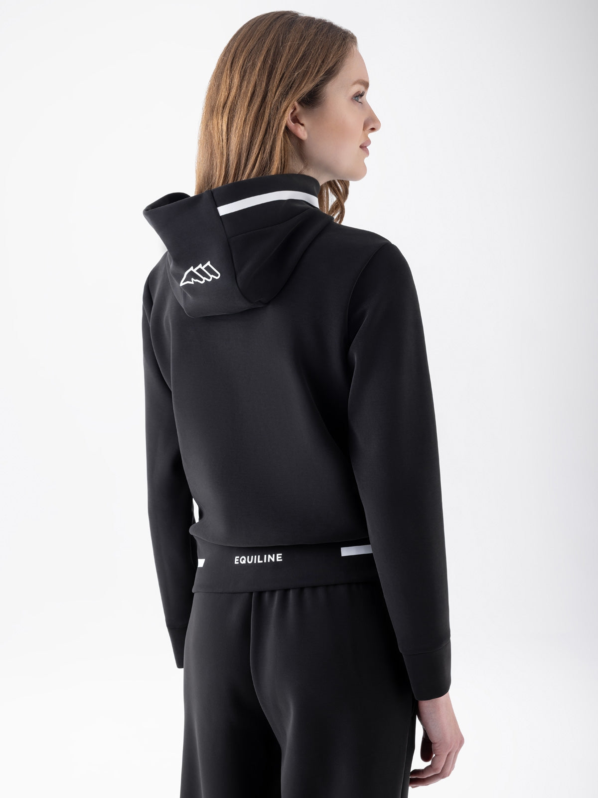 Equiline Ladies Eqcetir Soft Tech Full Zip Hooded Sweatshirt in Black, back view of the soft-touch full zip hooded sweatshirt with two-way zip and printed Equiline logo.