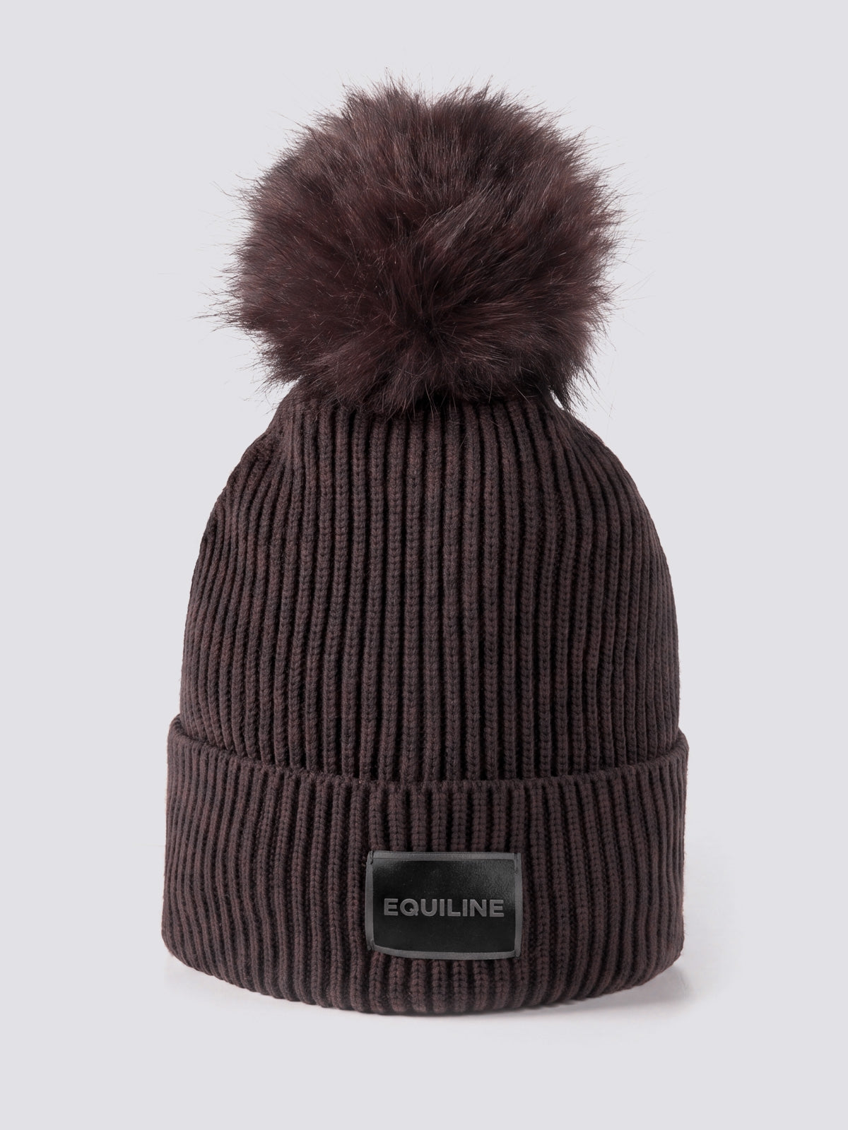Equiline Ladies Eqcon Pom Pom Knitted Hat in Coffee Bean, front view of the microfleece-lined knitted beanie with faux fur pom pom and Equiline logo patch.